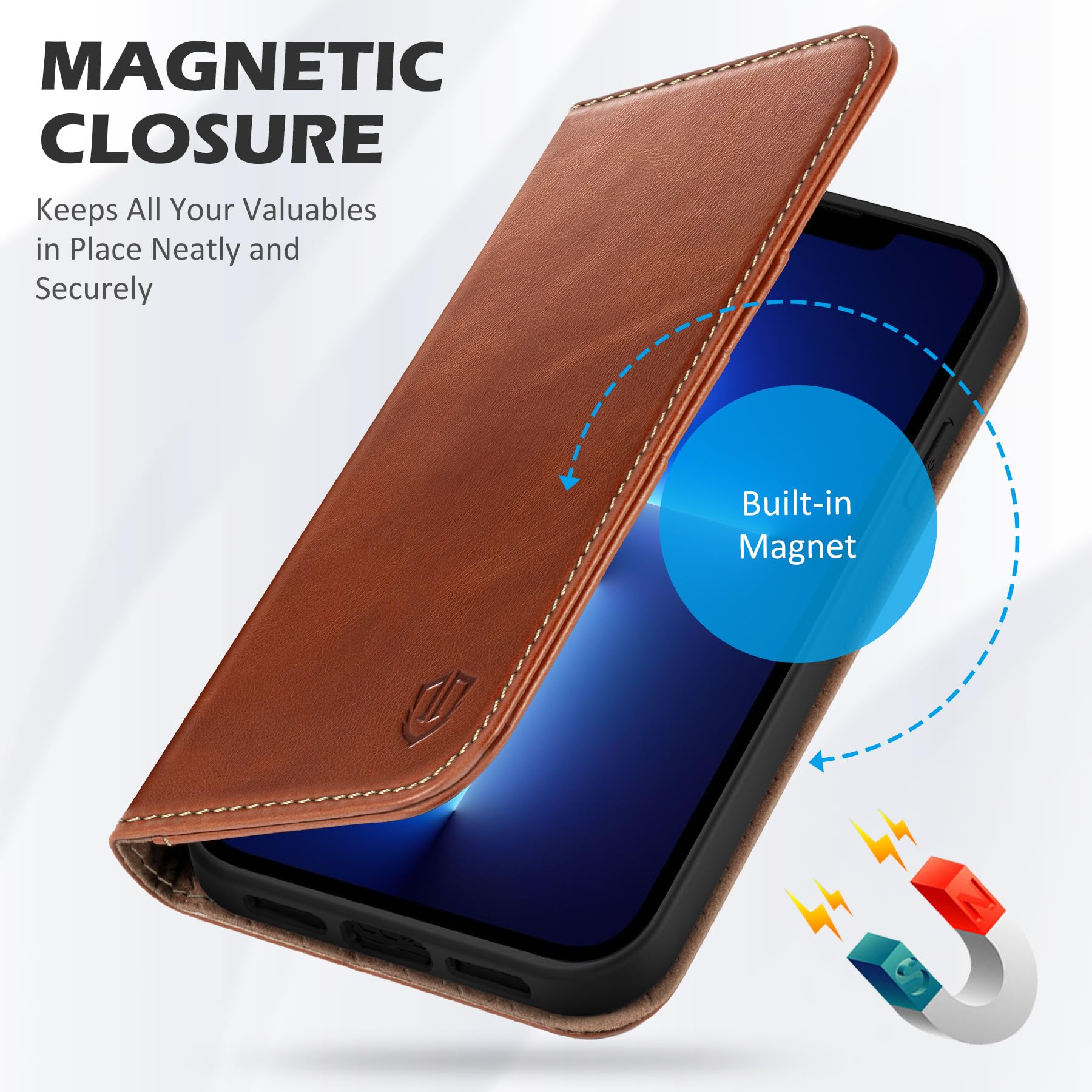 SHIELDON Funda Compatible con iPhone 13, Carcasa Cuero Genuino para iPhone 13 con Cáscara de TPU, Soporte Plegable, Bloqueo RFID, Funda Tapa Libro para iPhone 13(6.1"), Retro Marrón