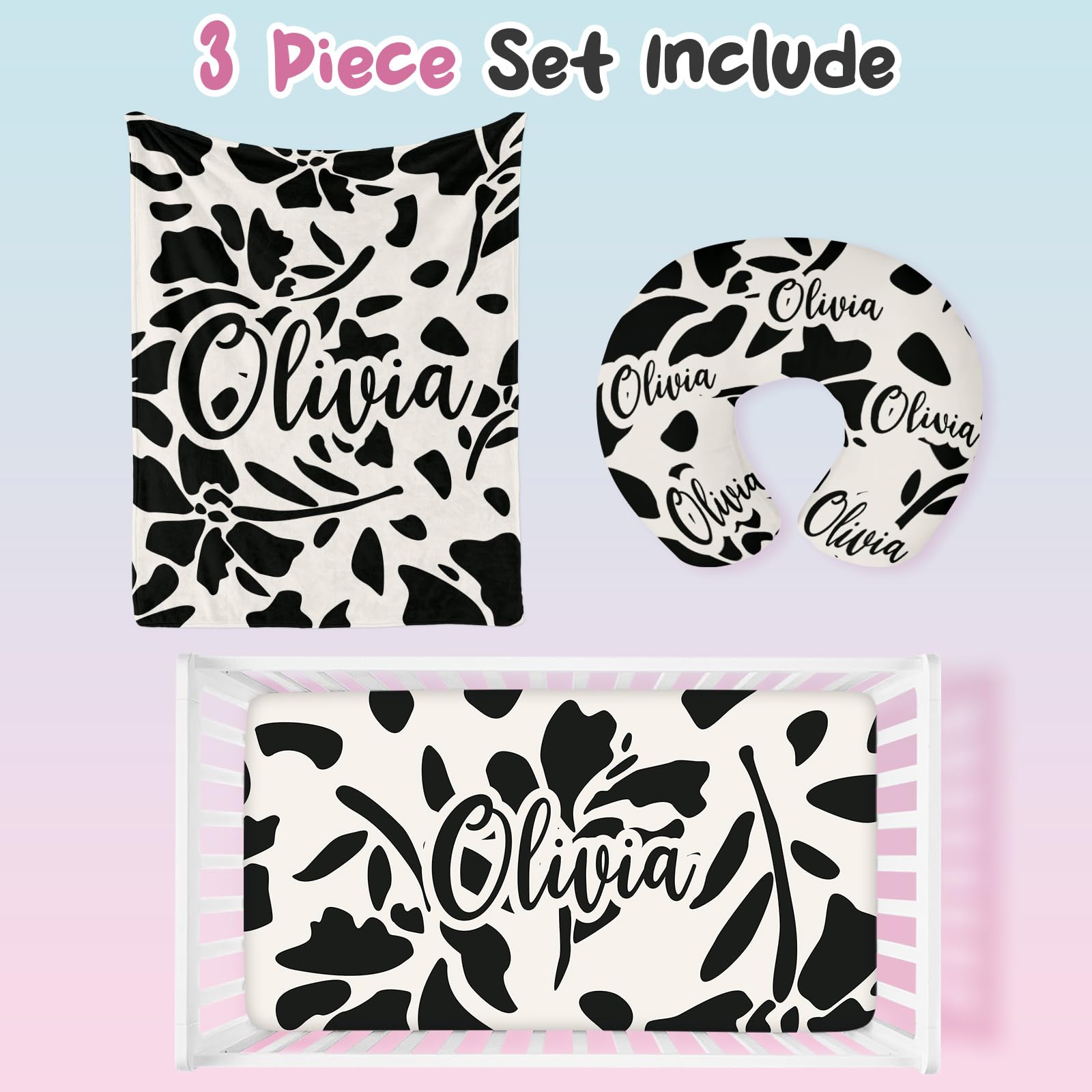 GRESATEK Personalized Toddler Crib Bedding Set - 3 Piece Crib Bedding Set, Standard Size Nursery Bedding for Boys and Girls with Crib Sheet, Nursing Pillow Cover Flannel Blanket Black Flower