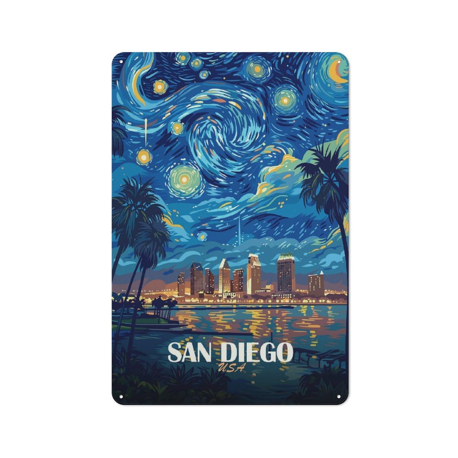 San Diego Starry Night Illustration Warehouse Style Metal Wall Decor 30x20cm, Metal Wall Sign for Workspace, Cafe, Hallway Or Garage
