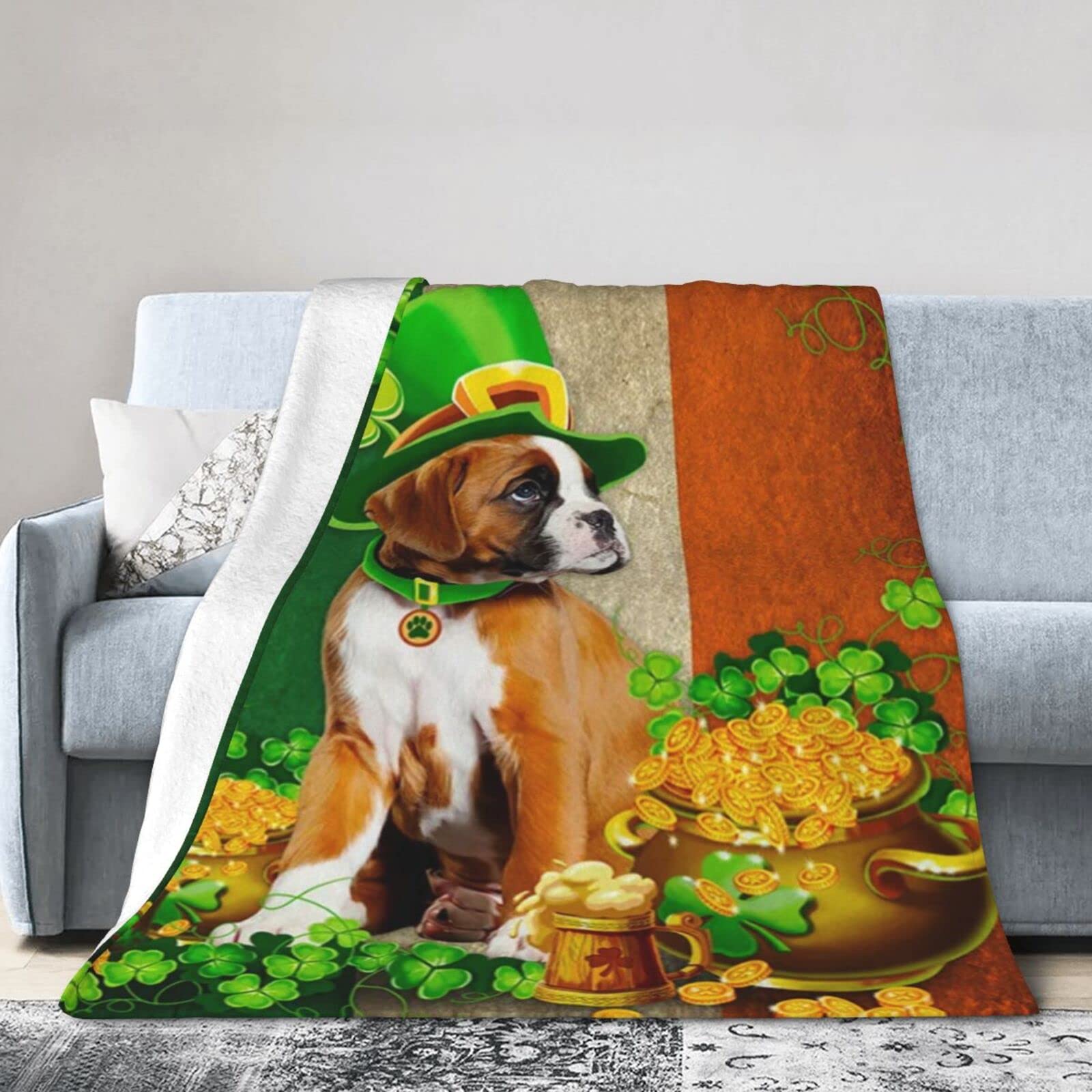 Lsjuee Flannel Fleece Blanket 50"X40" Saint Patrick‘s Day Boxer Irish Bed Throw Blanket Funny Ultra-Soft Travel Spring Blankets for Boys Keep Warm