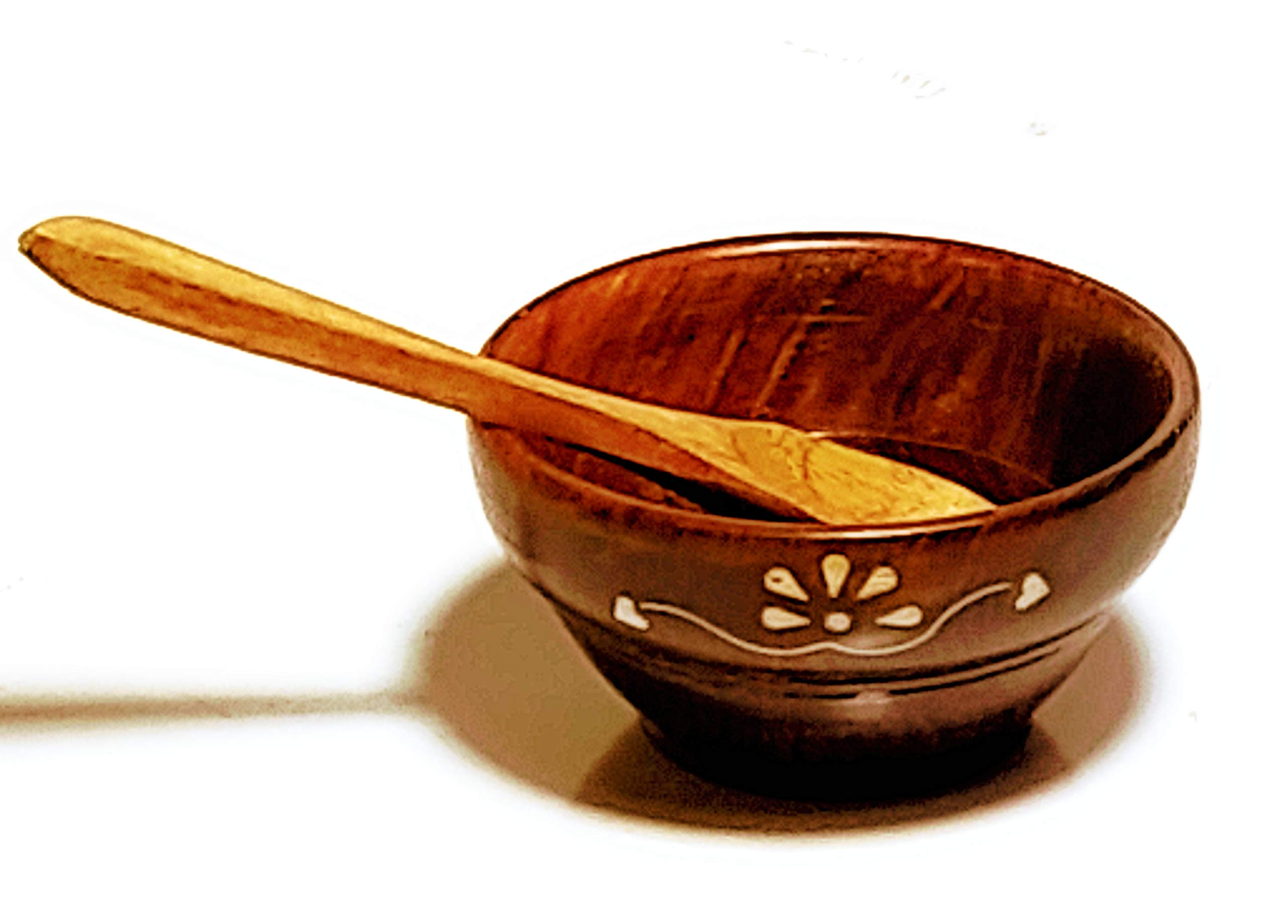 Naha Decor Craft Studio Brown Colour Wooden Eco-Friendly Handcrafted Decorative Printed Bowl with Wooden Spoon for Dry Food Salad Soup Snacks Fruit Serving at Home Hotel Bar Guest House Dining Table