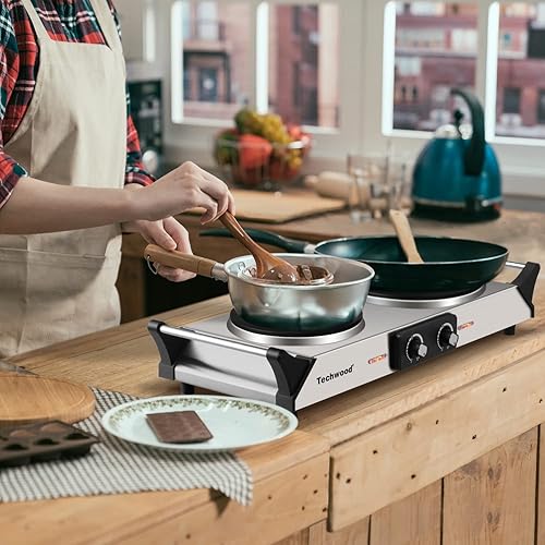 Miniatura 6 de Techwood - Parrilla eléctrica con placa calefactora, para encimera, doble quemador, doble placa de cocción de cerámica infrarroja, de 1800W, con