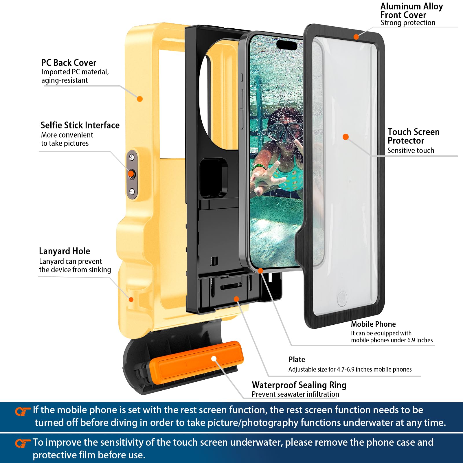 Funda de buceo para iPhone 17/16/15/14/13/12/11 Pro Max/XS/X Samsung Galaxy S26/S25/S24, funda impermeable para fotografía y vídeo subacuático (4ª, amarillo)