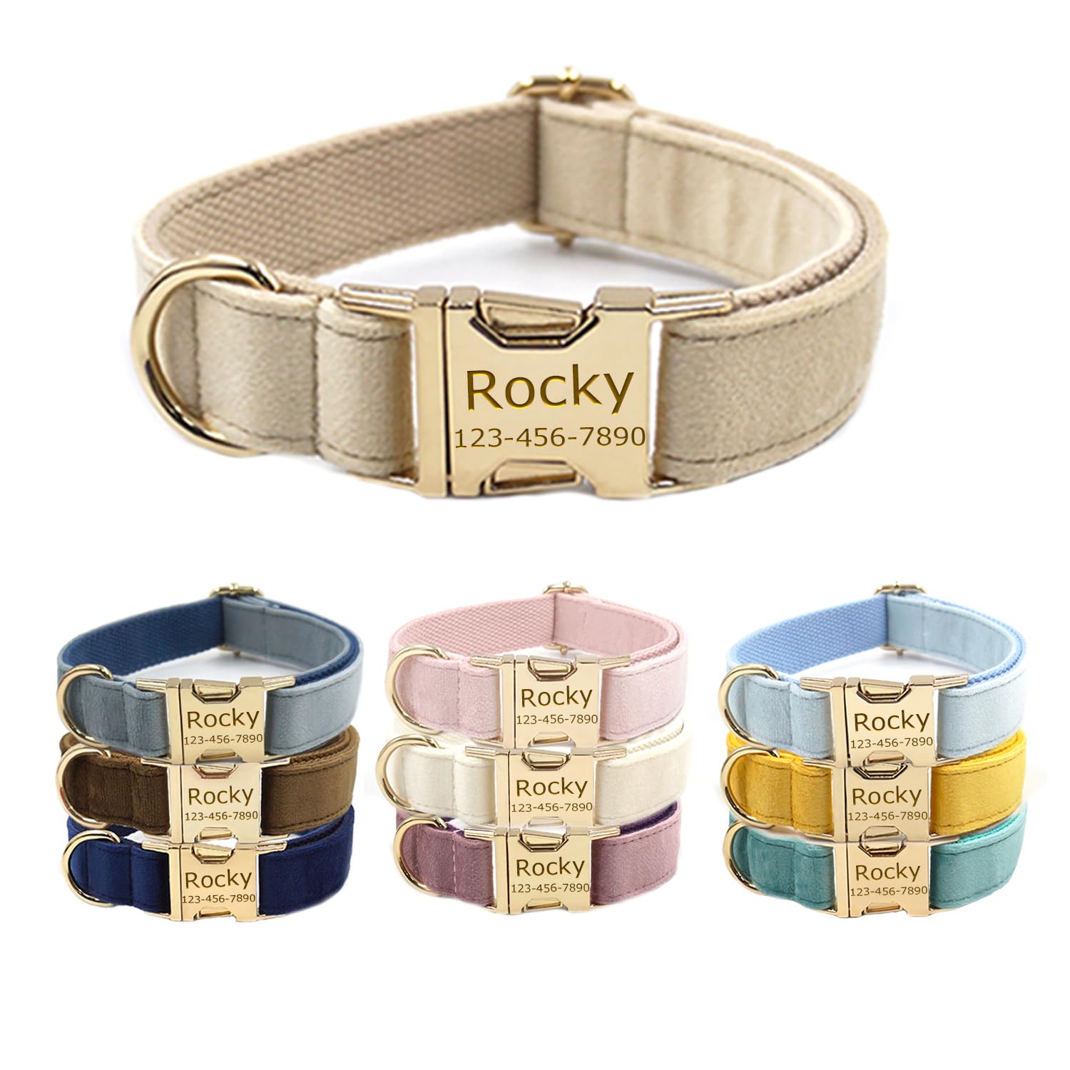 Personalized Velvet Dog Collars with Pet Name Phone Number Engraved, Custom Adjustable Soft Collar with Metal Buckle for Small Medium Large Dogs, Dog