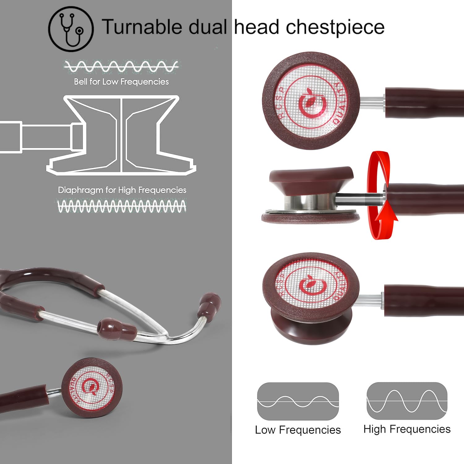 RCSP Stethoscope Pediatric for Doctors and Medical Student Nurses SS Pediatric, Lightweight Stainless Steel Chest Piece with Flexible Jointless Tube & Soft Sealing Ear Knobs (Chocolate)