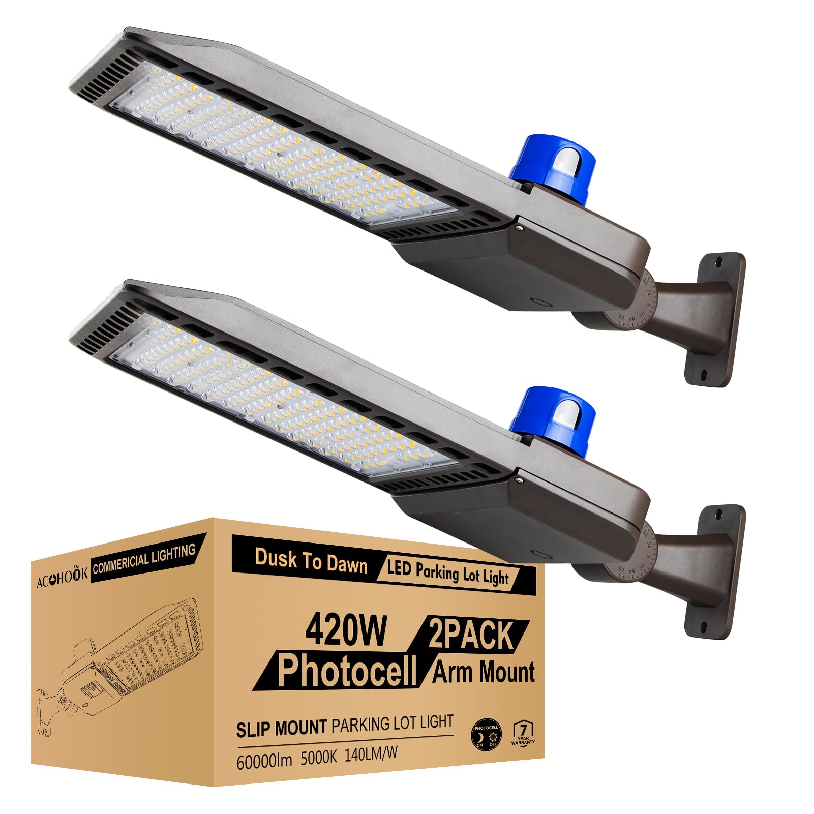 420W LED Parking Lot Light (60000lm Eqv 2000W HID HPS) Arm Mount LED Pole Light, IP65 5000K Outdoor Commercial Area Lighting with Dusk to Dawn Photocell Sensor-2Pack