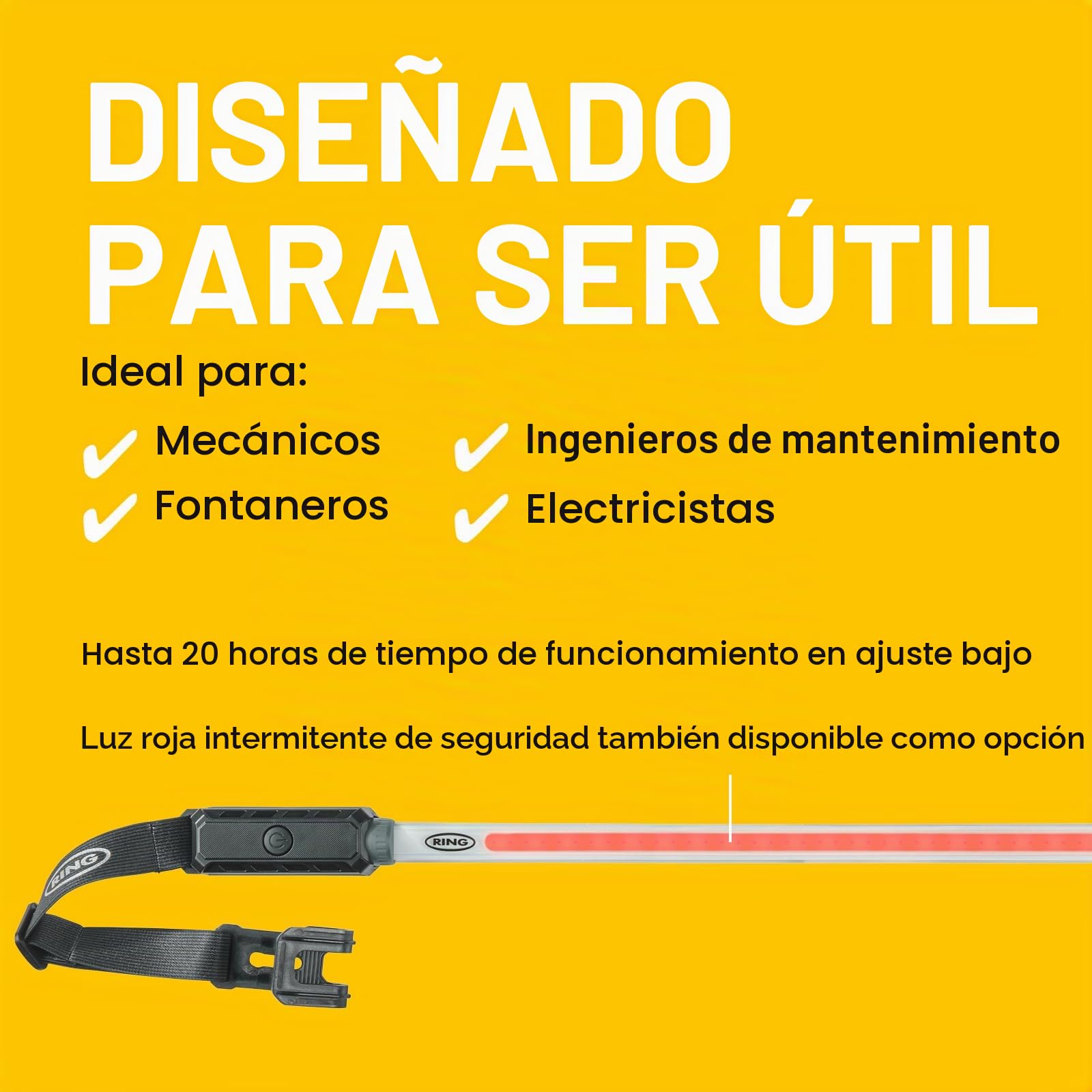 Ring Automotive RUBL1500 - Luz de trabajo recargable de 1000 lúmenes flexible debajo del capó con soporte magnético, carga USB-C, 3 modos de luz, modo de flash de emergencia, color negro