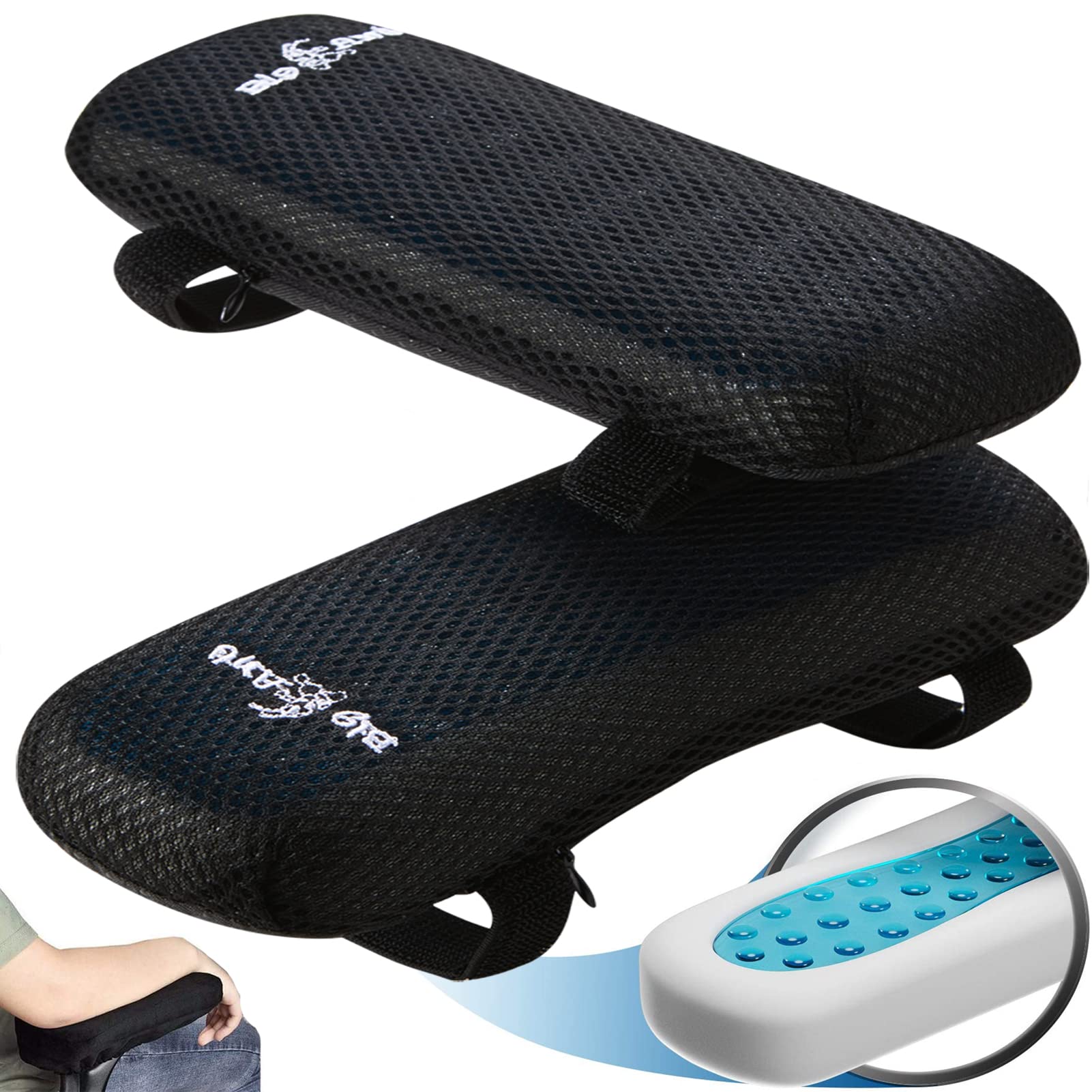 2-Pack Memory Foam & Cooling Gel Armrest Pads For Office & Gaming Chairs - Adjustable Strap