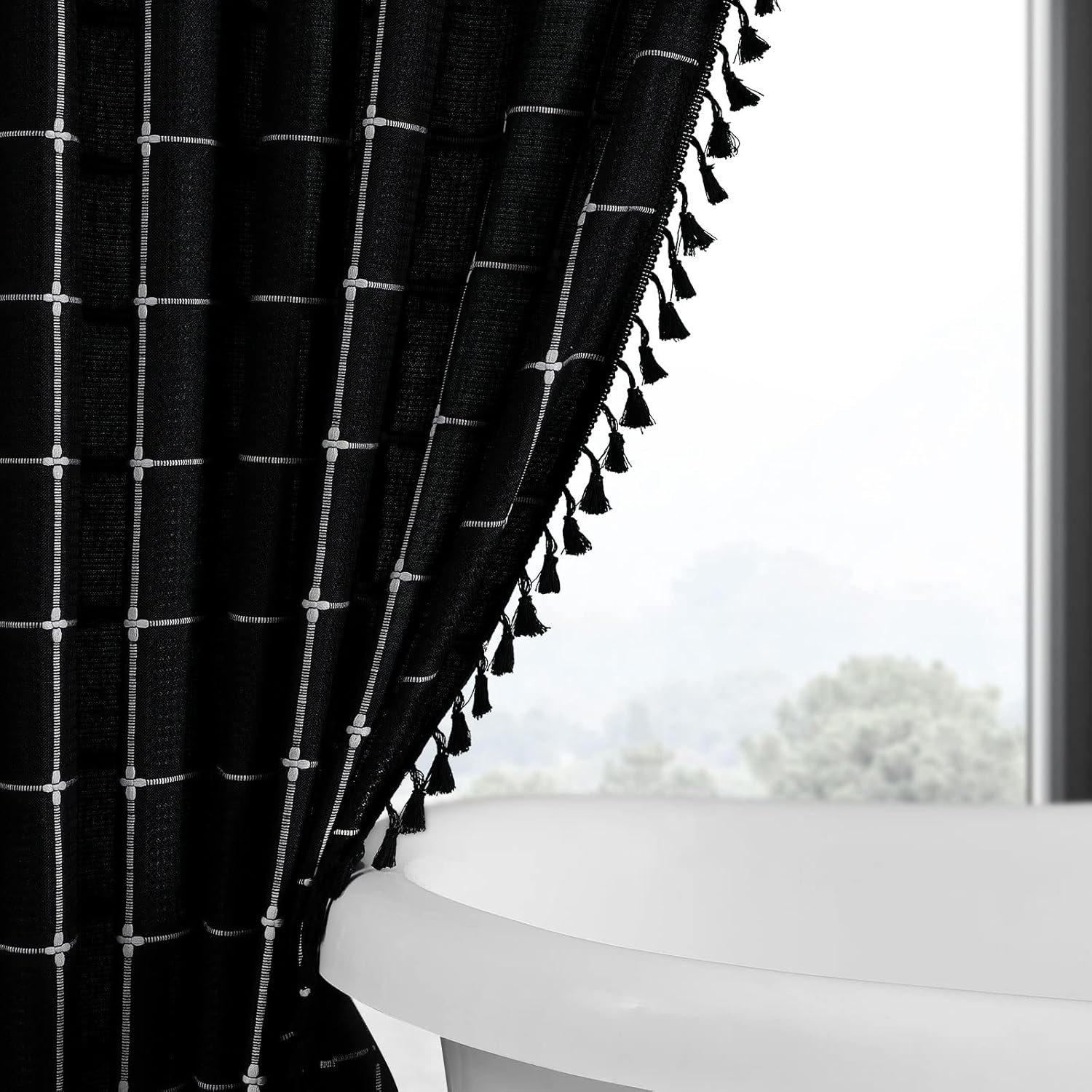 Gibelle Small Stall Shower Curtain 36 x 72, Narrow Half Boho Farmhouse Tassel Shower Curtain, Rustic Country Aesthetic Waffle Chic Textured Bathroom Curtains Shower Set with Hooks, Black