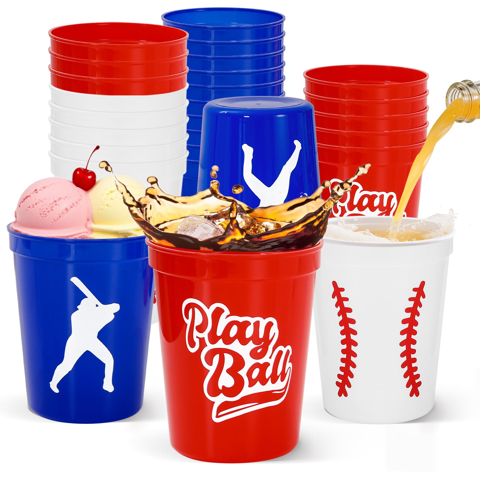 FYSUIMU 36Pcs Baseball Plastic Cups 16oz Red Blue White Sport Ball Disposable Drinking Cups Stackable Party Cups for Birthday Baby Shower Supplies