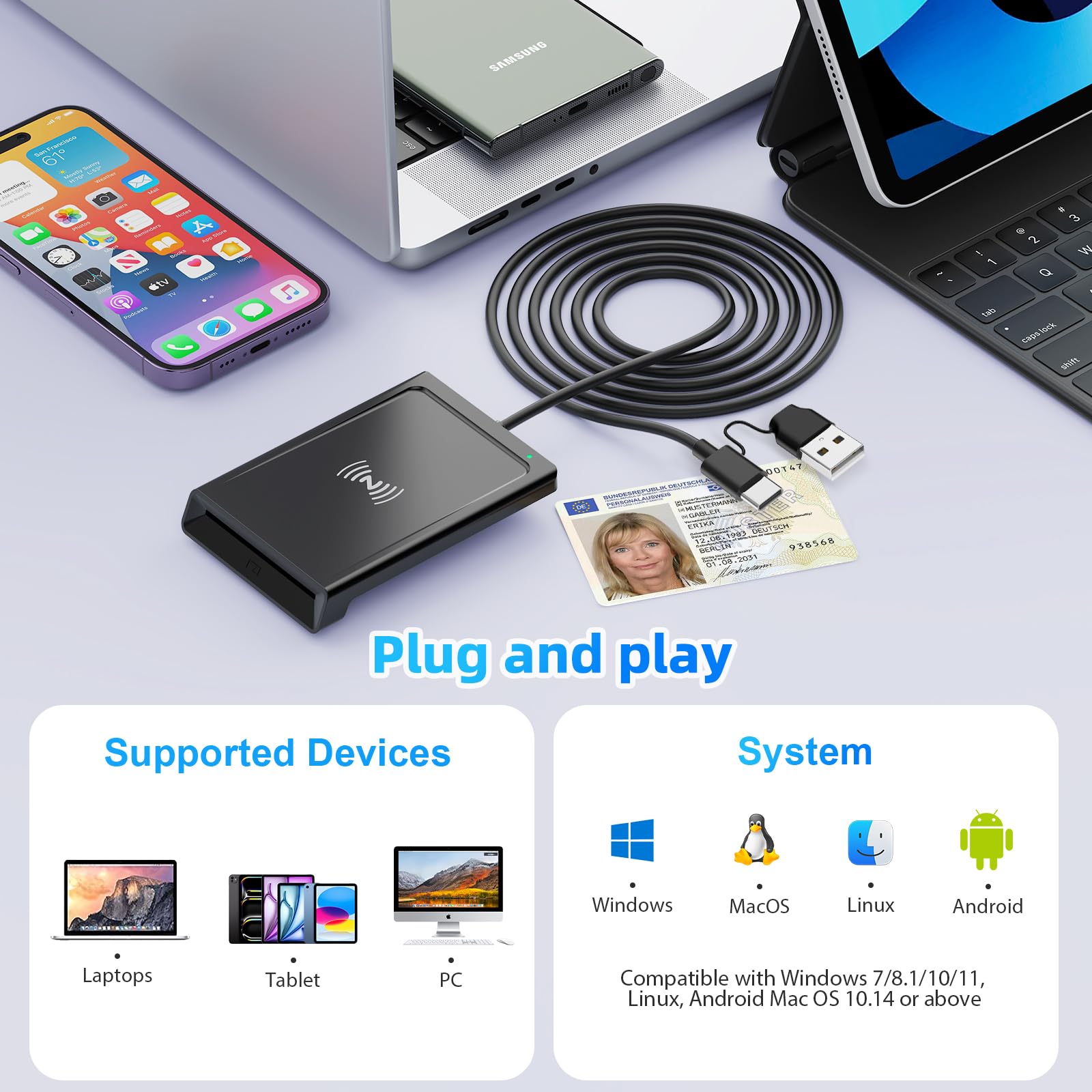2IN1 USB-A & USB-C Chipkartenleser mit NFC, USB Smart Card Reader Kartenlesegerät DOD Military Kartenleser für den neuen Personalausweis Bankkarten kompatibel mit Windows, Linux, Android,95cm Kabel