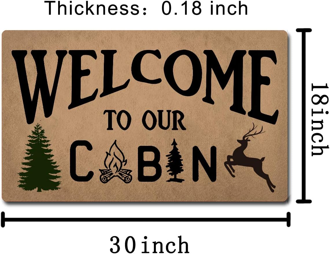 Welcome Mats with Rubber Back 30"(L) x 18"(W) Funny Doormat for Entrance Way Monogram Mats for Front Door Mat No Slip Kitchen Rugs and Mats (Welcome to Our Cabin Christmas Tree Cute Deer)