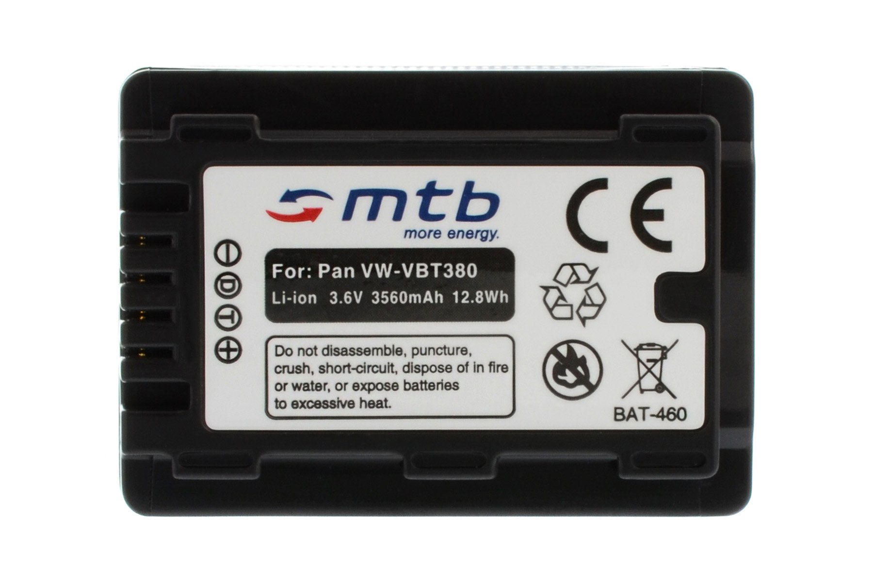 2 Batterie VW-VBT380 per Panasonic HC-V230, V250, V270.. / VFX979 ... v. lista! [3.6V - 3560mAh - Infochip (con indicazione del tempo rimanente di ripresa!)