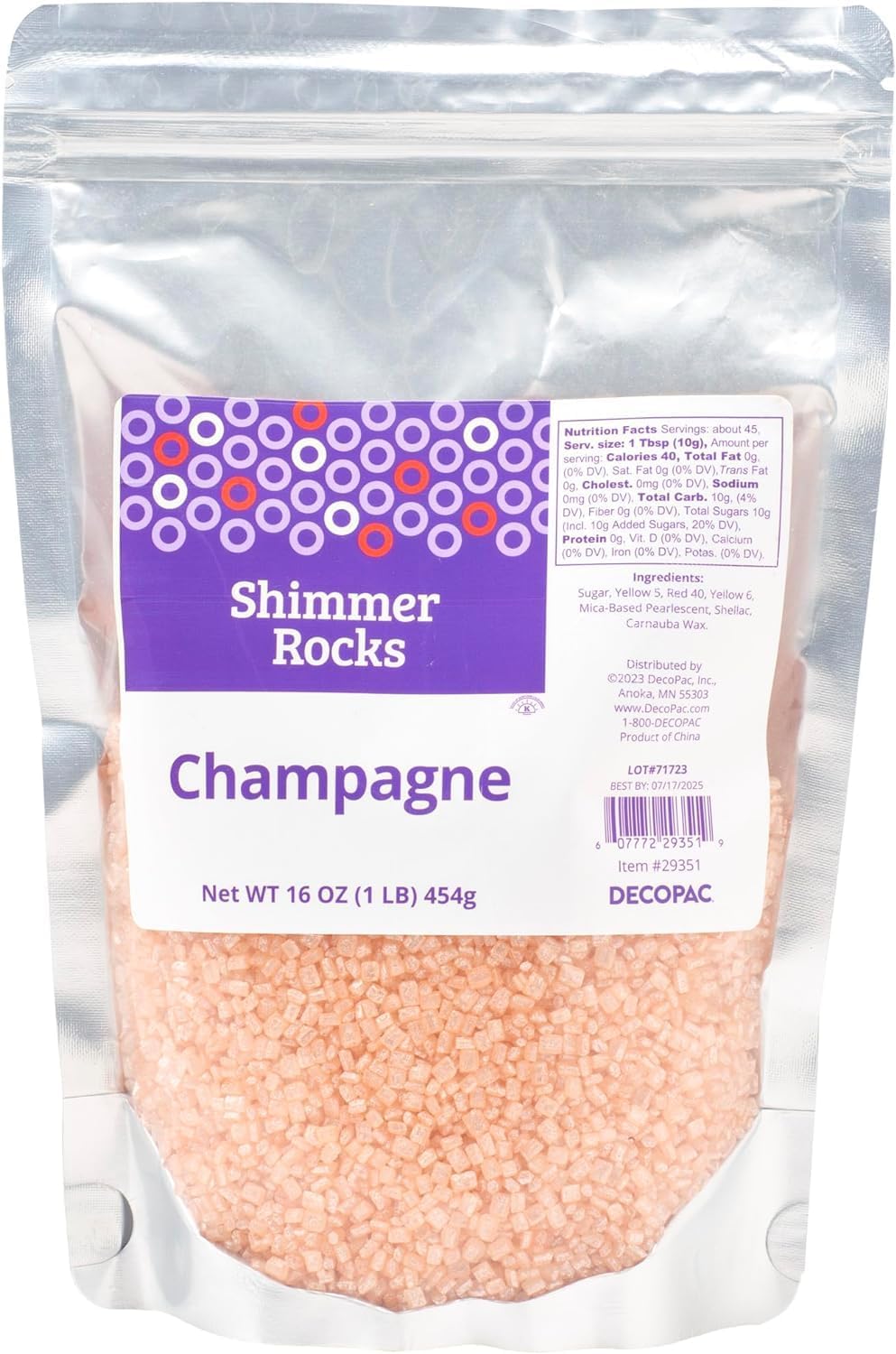 DecoPac Shimmer Rocks, Champagne Sugar Candy Decorations For Cakes, Toppings, and Cupcakes | Pink Crystal Sprinkles | 16oz Pack