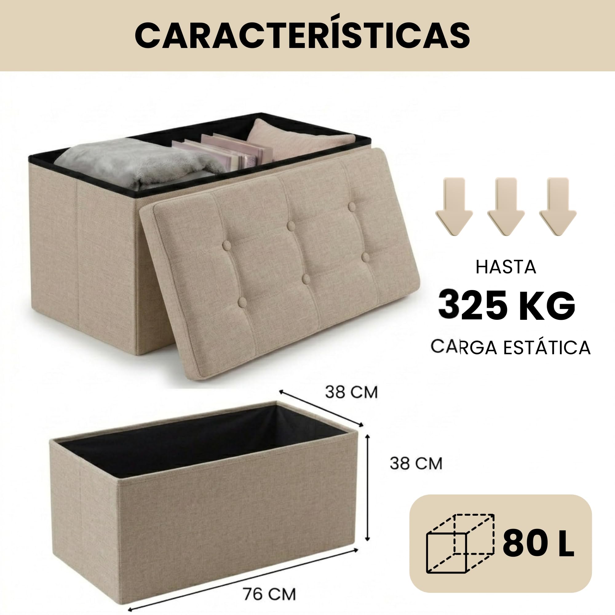 edihome, Puff Almacenaje Plegable, (38 x 76 x 38cm), Baul, Otomana con Tapa – Banco de Tela Organizador y Asiento para Dormitorio y Pie de Cama (Beige Tostado, 38 x 76 x 38 cm) — view 3