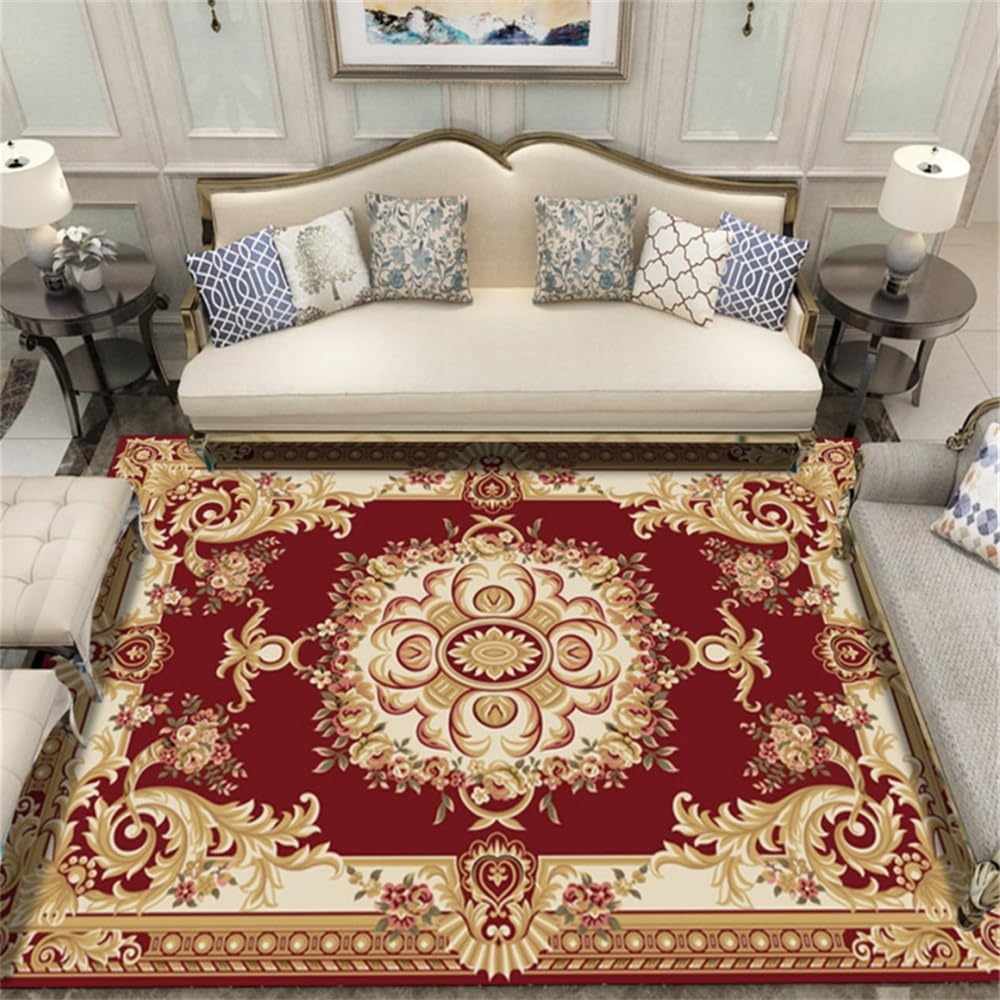 Tapis salon poil court floral rouge 180x230cm style vintage princesse