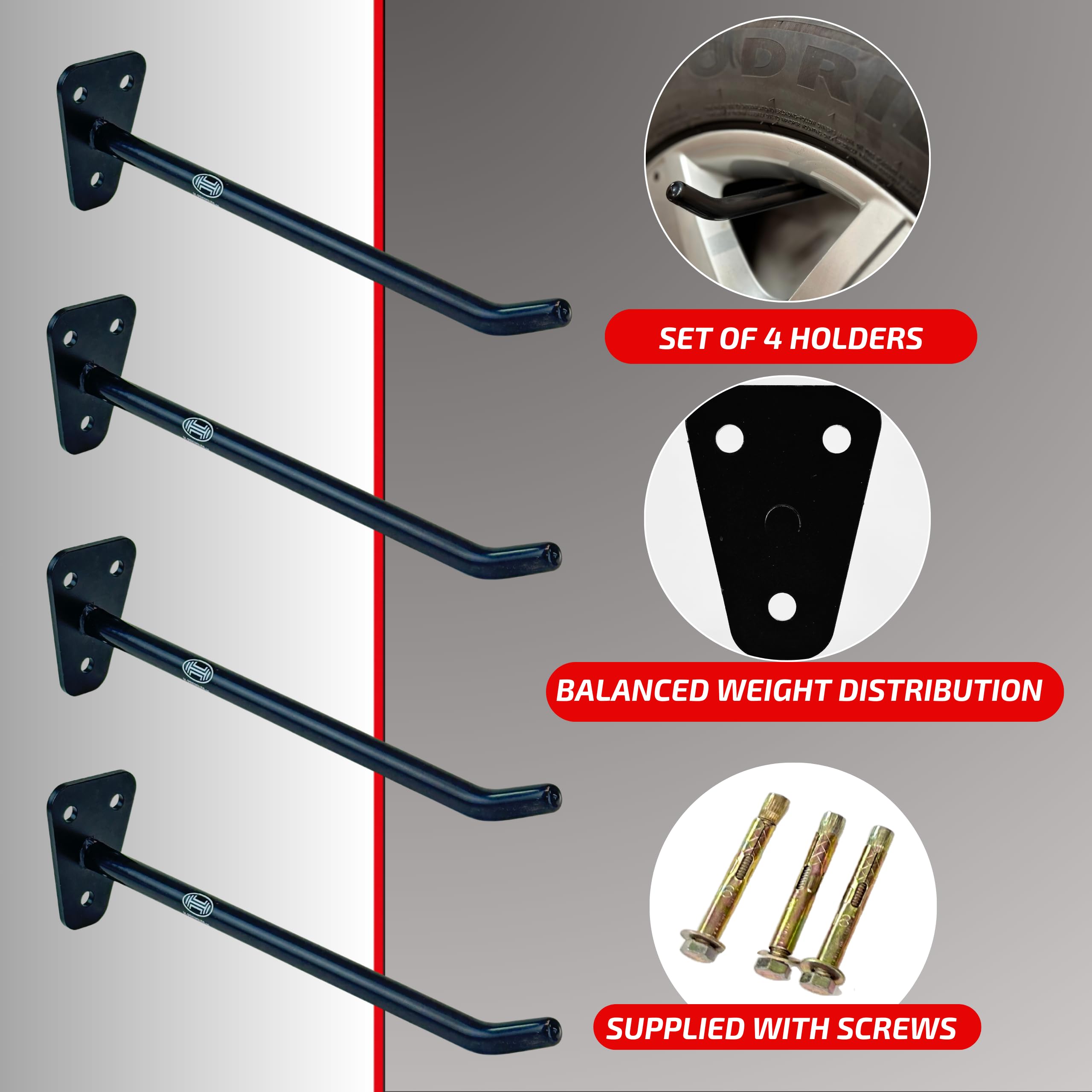 HEYNER Wheel Rack Tyre Wall Heavy Duty Garage Storage Wheels Hangers Extra Long 30cm 349010, Black - Image 2