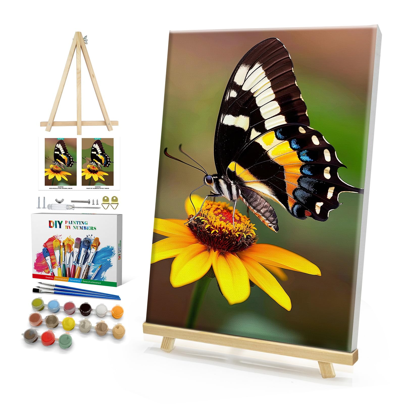HeeBenor Framed Paint by Numbers Kit for Adults, Butterfly Paint by Numbers Kit for Adults with Easel, DIY Flower Butterfly Paint by Number with Frame, Adult Paint by Number Kits on Canvas 8x12 Inch