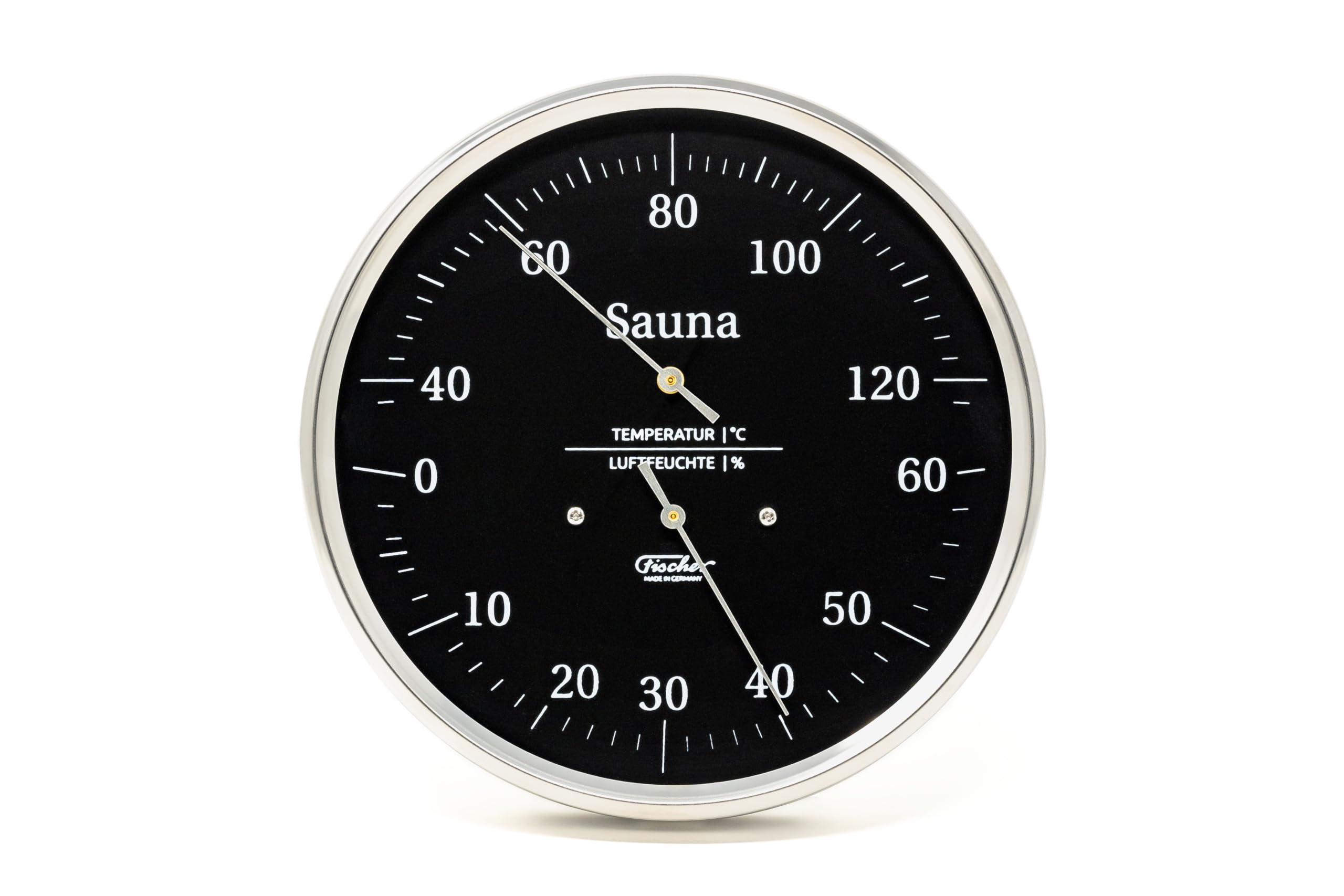 Fischer 194.01-06 Sauna-Thermohygrometer, Glas, Edelstahl, Thermohygrometer | Haar-Hygrometer und Bimetall-Thermometer , schwarzes Ziffernblatt, 130mm Durchmesser, Made in Germany