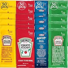 Condiment Packets Variety Pack Bulk Bundle - 200 Individual Condiment Packets for Heinz Lovers, 50 Single Serve Packs of Each: Mayonnaise, Mustard, Sweet Relish and Ketchup Packets - Travel Mini Condiments