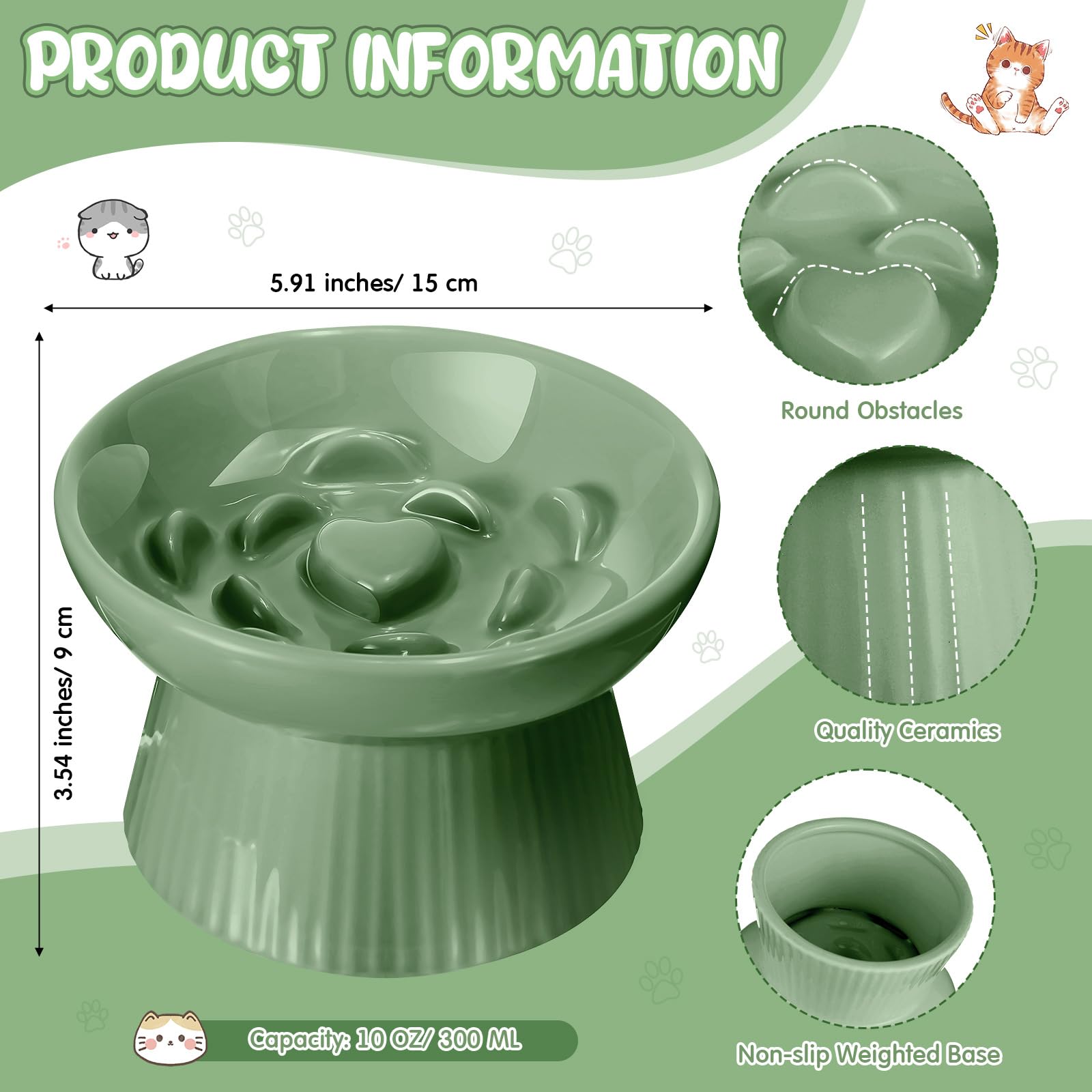 Tioncy Gamelle surélevée en céramique pour chat - Anti-vomissement - Pour nourriture sèche et humide - Facile à nettoyer - Bord haut - Pour chats, petits chiens, chatons, maison, lave-vaisselle - Vert