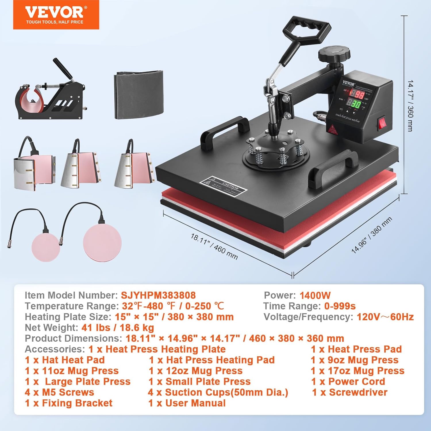 VEVOR Heat Press Machine 8 in 1 Combo Heat Press 15x15 Inch Heat Transfer Machine 360-Degree Swing Away Digital Tshirt Press Multifunction Heat Transfer Sublimation for T Shirts Mugs Hats Plates Caps