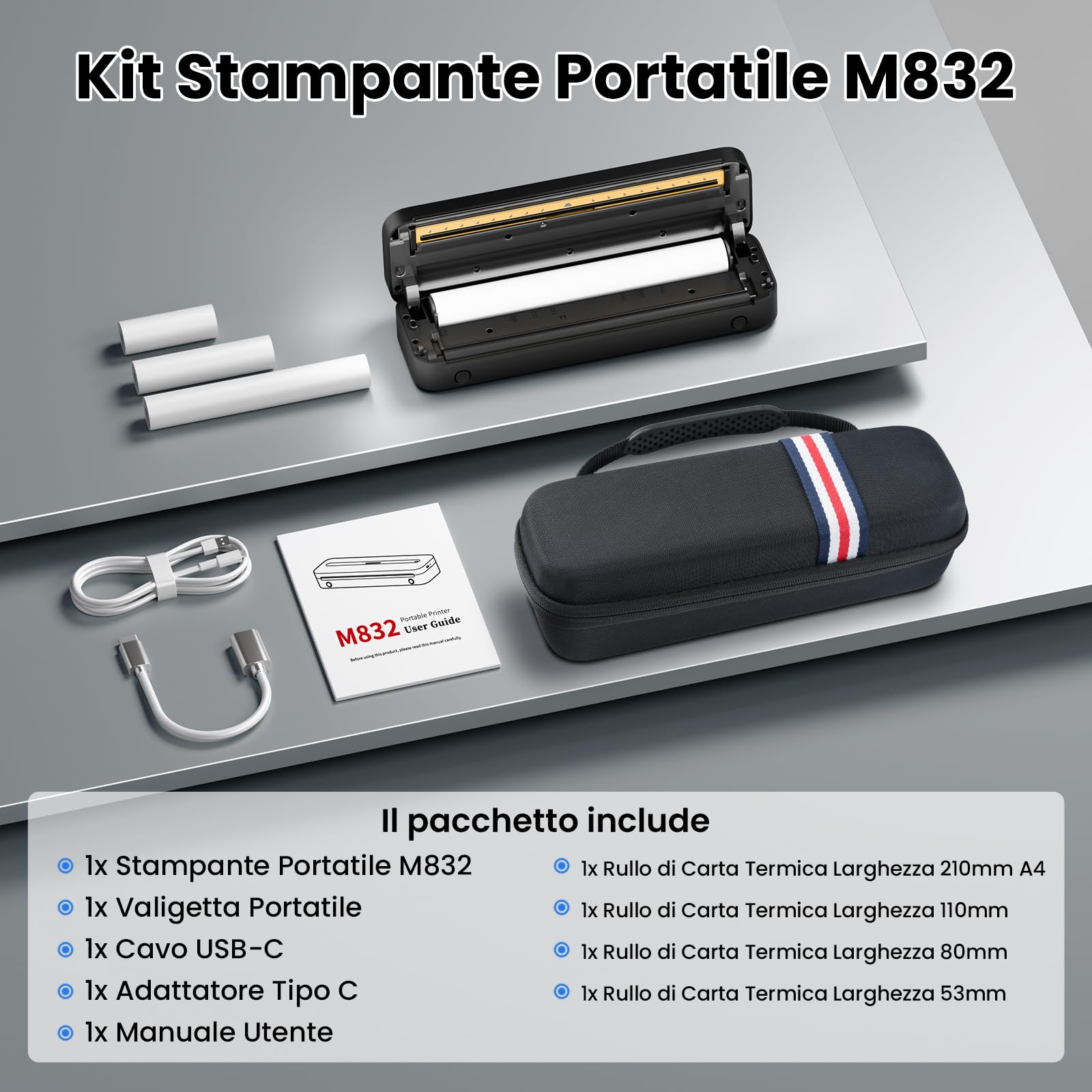Phomemo M832 Stampante Termica Portatile A4, 300 DPI, Senza Inchiostro, Compatibile Smartphone