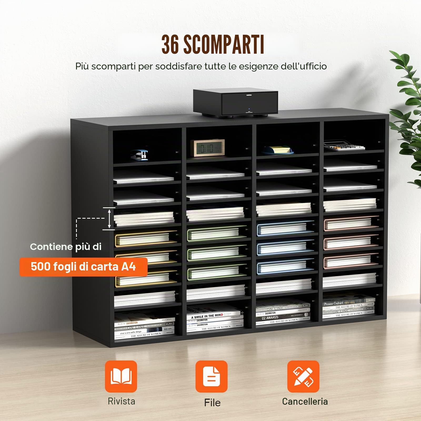 VEVOR Organizzatore per Documenti in Legno 36 Scompartimenti Nero Carico Singolo 10kg Rimovibili e Regolabili, Portadocumenti 99,7 x 30,5 x 68 cm per Libri Documenti Fumetti Moduli 36 Scompartimenti