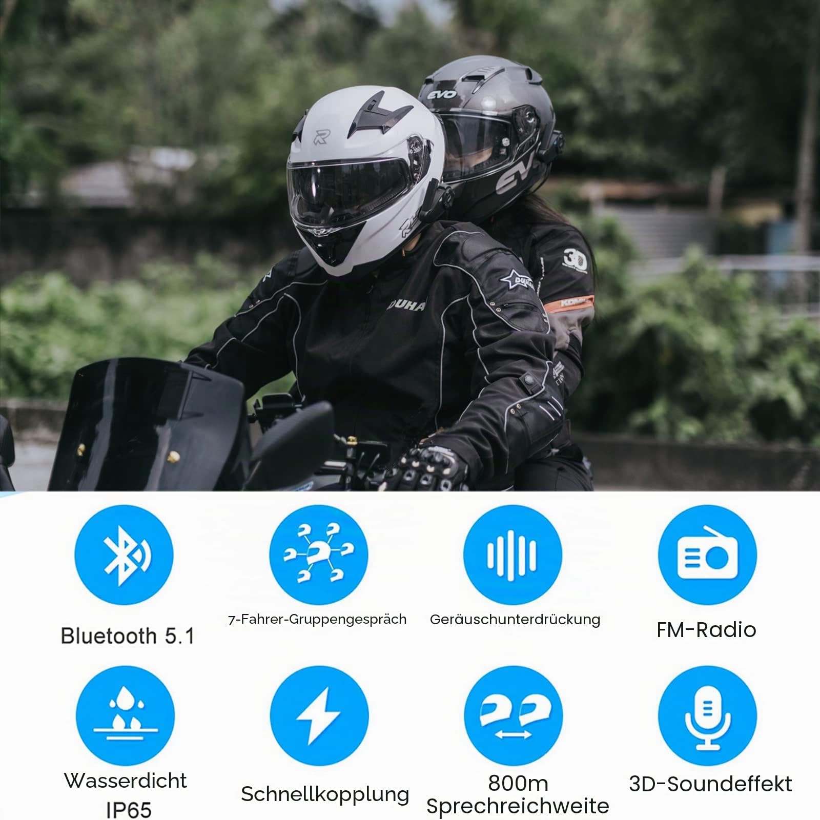 EJEAS Q7 Verbesserte Motorrad Gegensprechanlage, Bluetooth 5.1 Motorradhelm Intercom Kommunikationssystem mit Stereo-Soundeffekt, FM und Quick Pair Funktion (2 Stück)