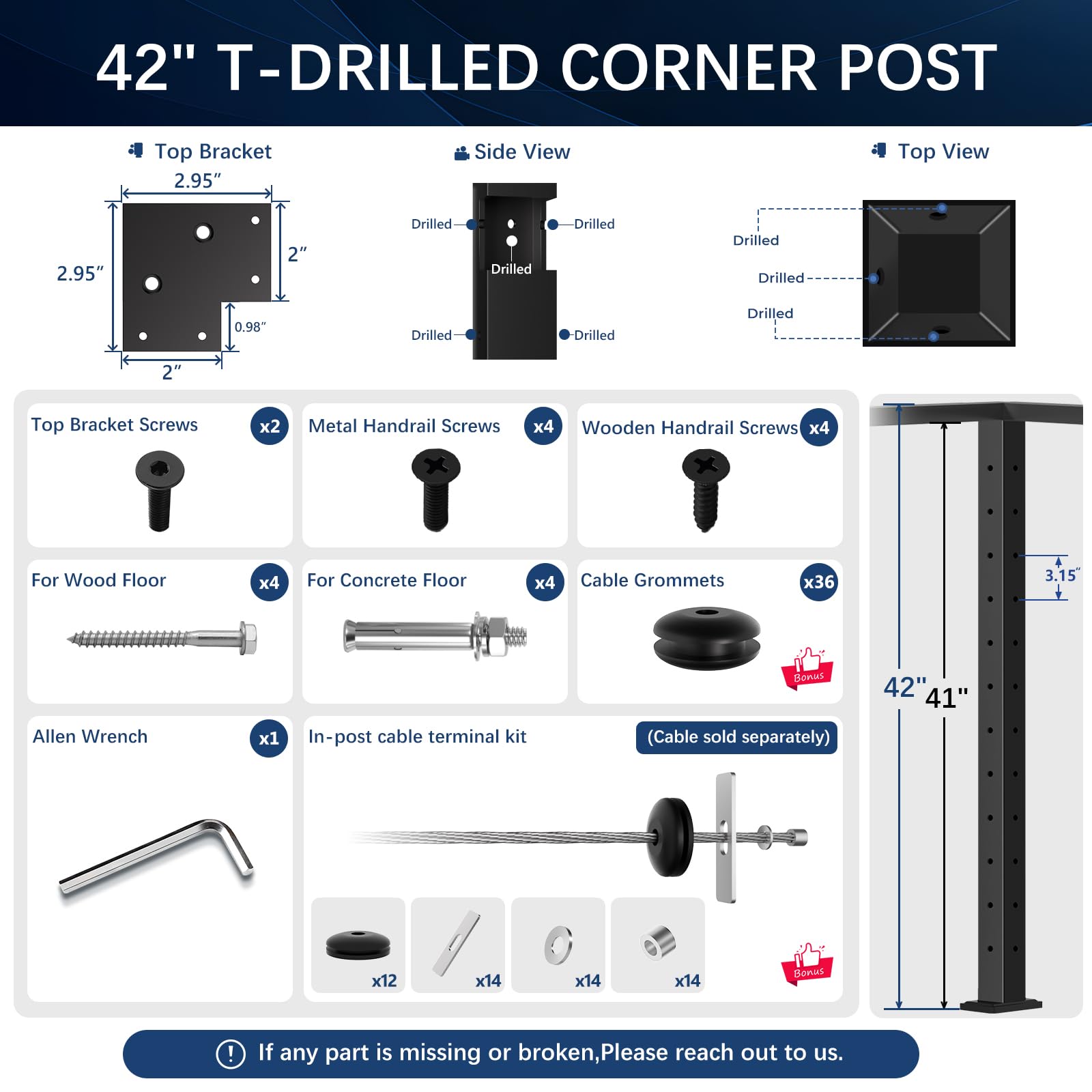 Snapklik.com : Gyykzz 42" T-Drilled Corner Post Cable Railing, Three ...