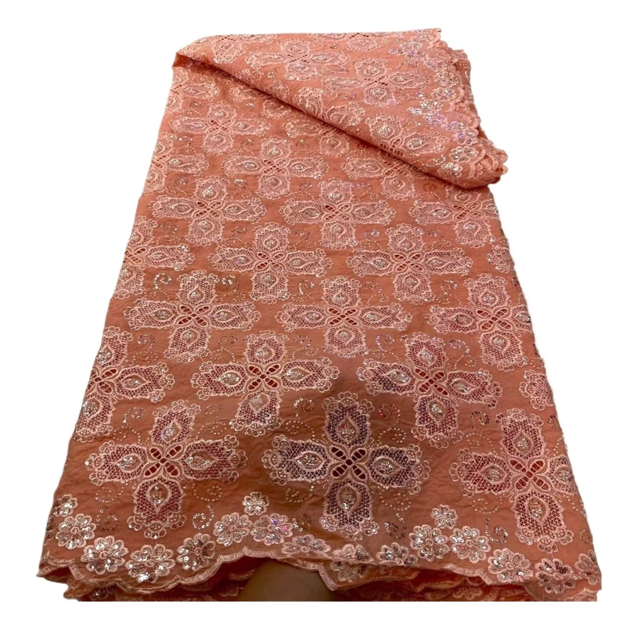 Tela de encaje Guipur Material vestido con lentejuelas geométricas 5 yardas | Red de guipur de poliéster, bordado artesanal de flores estrelladas pesadas, 120 cm de ancho(Pink)