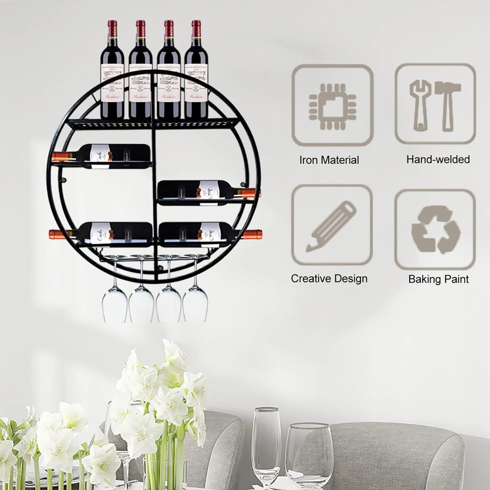 Portabottiglie Rotondo A Parete, Portabottiglie In Metallo, Porta Calice Per Bicchiere Da Vino In Metallo Nero E Oro, Organizzatore Moderno Per Bottiglie Di Vino Galleggiante, Accessori Per Vino E Bar
