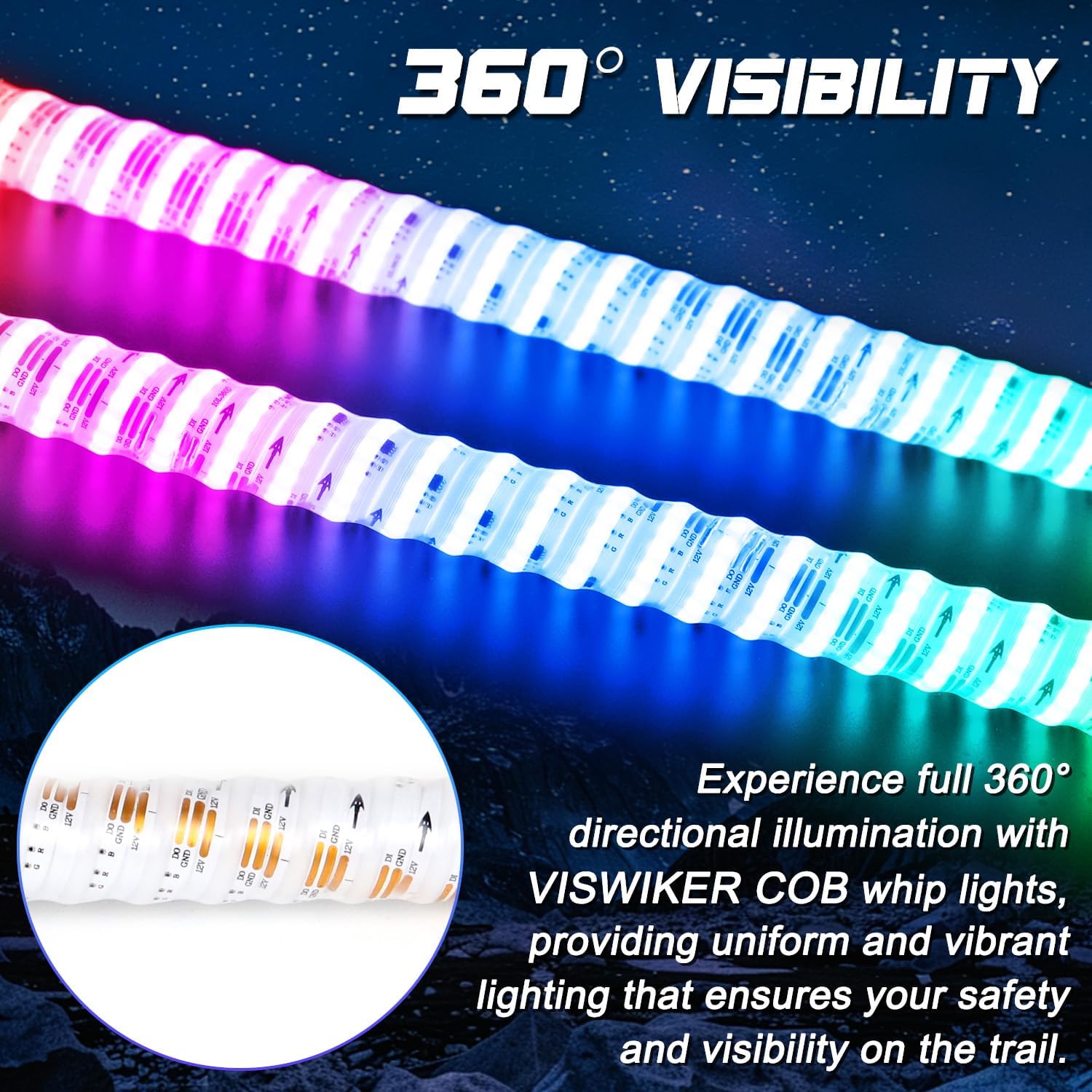 1PC 2FT Upgraded COB LED Whip Lights with Multiple Color Modes, Remote and App Control, Bend Resistant, Waterproof, Install for ATV UTV Polaris RZR Can-Am Off-Road Adventures