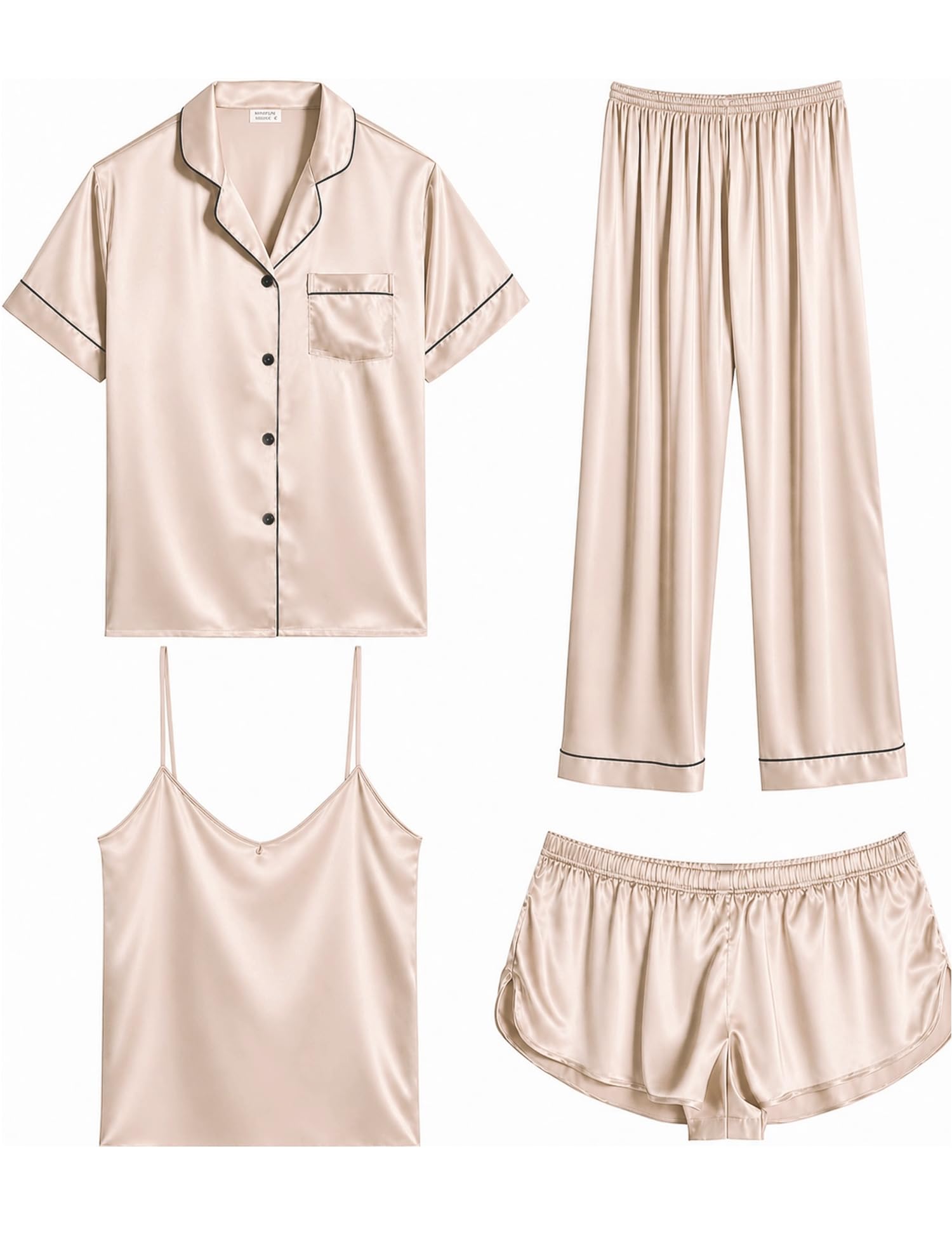 SWOMOG Womens Silk Satin Pajamas Sets 4pcs Sleepwear Sexy Cami Shorts Set and Button Down Short Sleeve Pjs Loungewear