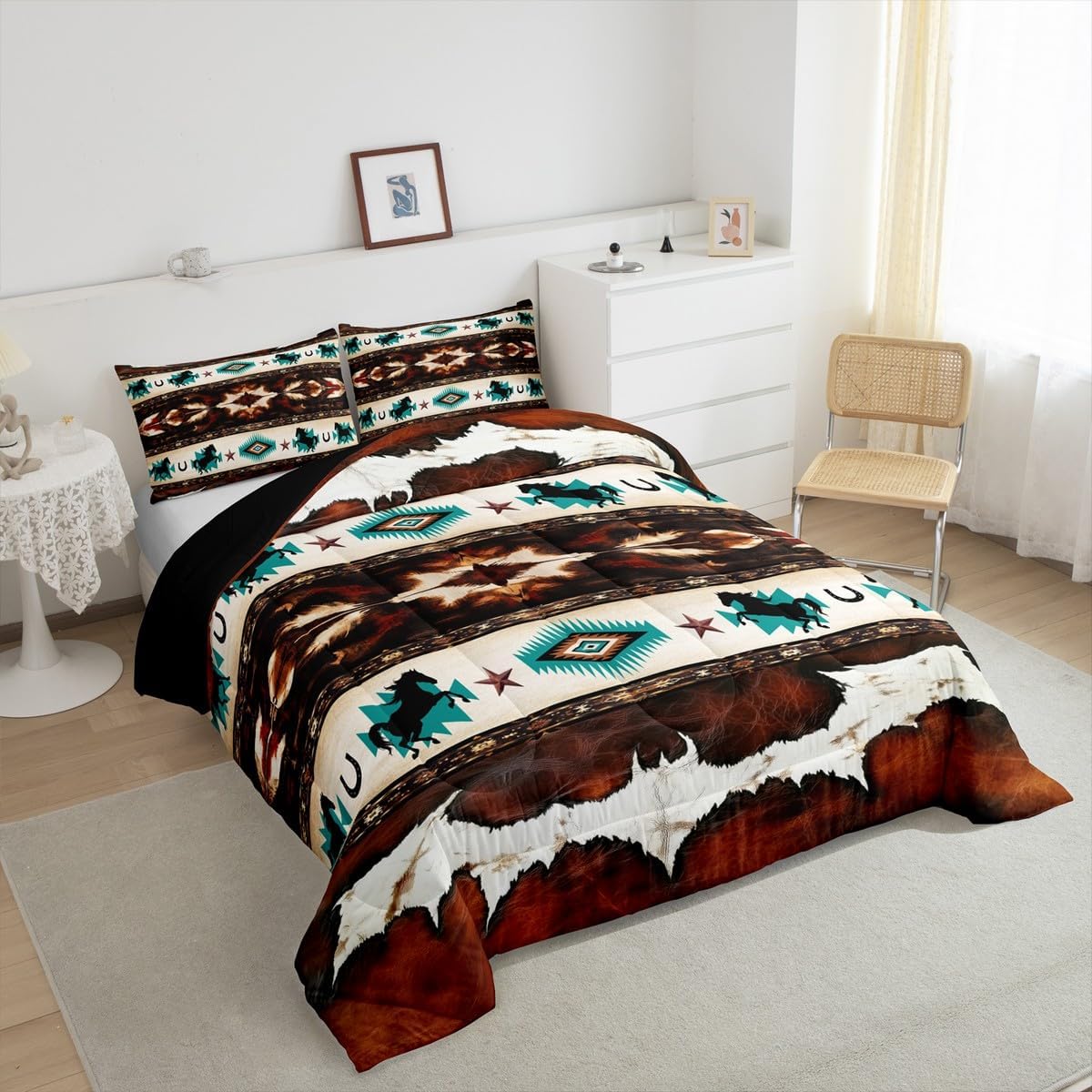 Feelyou Horse Comforter Set Cowhide Cow Print Retro Fur Bedding Set with 2 Pillow Cases Boho Rustic Farmhouse Style Kids Queen Bedclothes Exotic Geometric Bedroom Decor Western Aztec Duvet Quilt