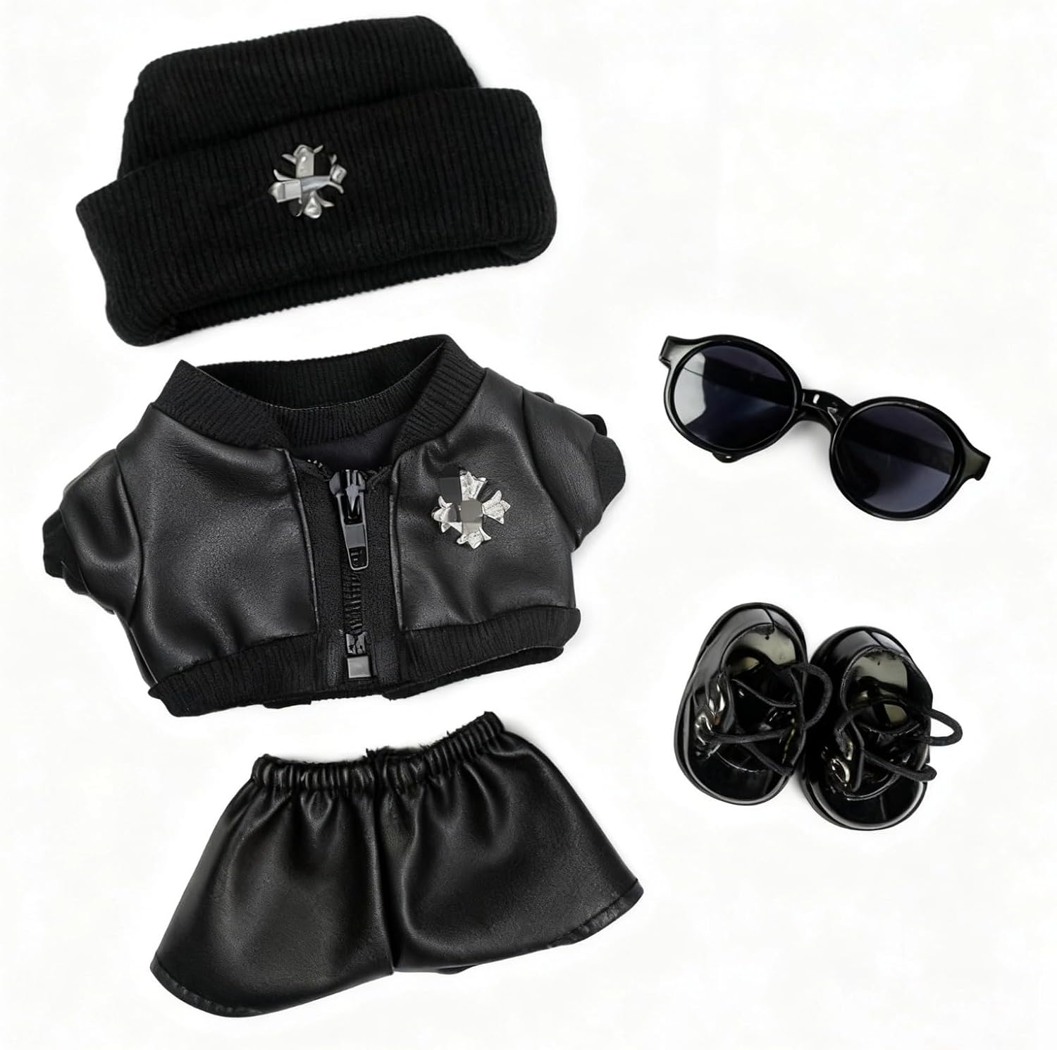 Compatible with Labubu ：5-Piece Black Doll Outfit Set – Faux Leather Jacket, Pants, Shoes, Knit Beanie & Sunglasses for 17cm Fashion Dolls