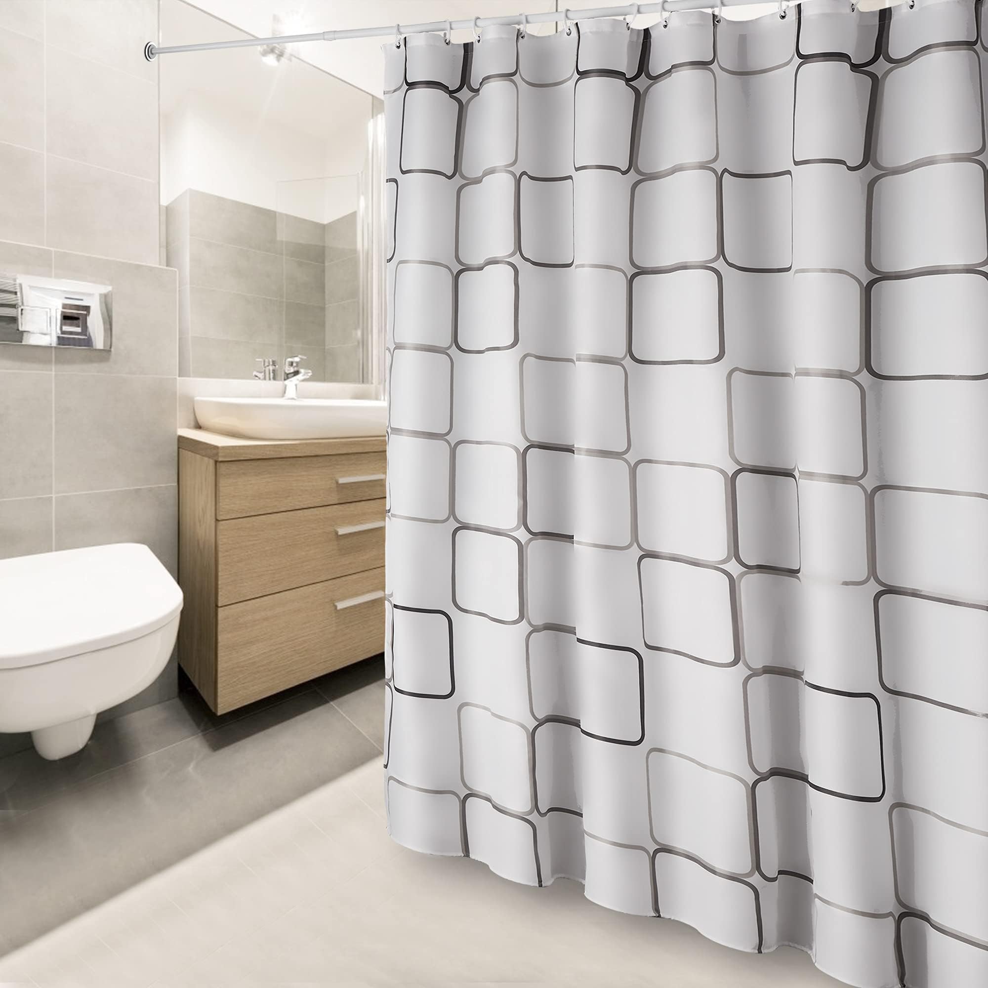 DUFU Cortina de Baño, Cortina de Ducha de Poliéster Tela Impermeable y Secado Rápido Lavable 180 x 200 cm, Cortinas de Bañera Blanca Semitransparente con 12 Ganchos