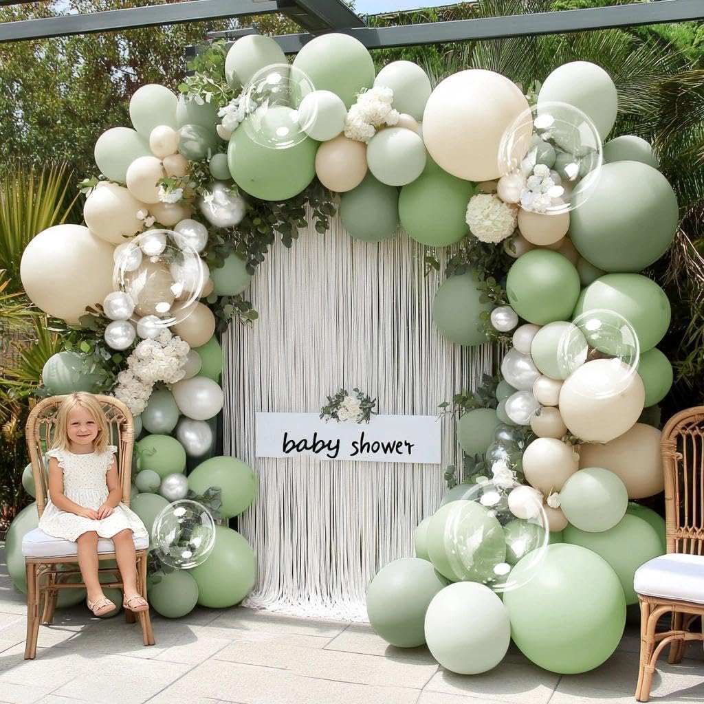 Dusty Green White Balloon Arch Double Stuffed Light Sage Green White Sand Pearl Balloon Garland Kit Olive Beige Cream Balloons for Baby Shower Birthday Bridal Wedding Woodland Wild One Party Decor