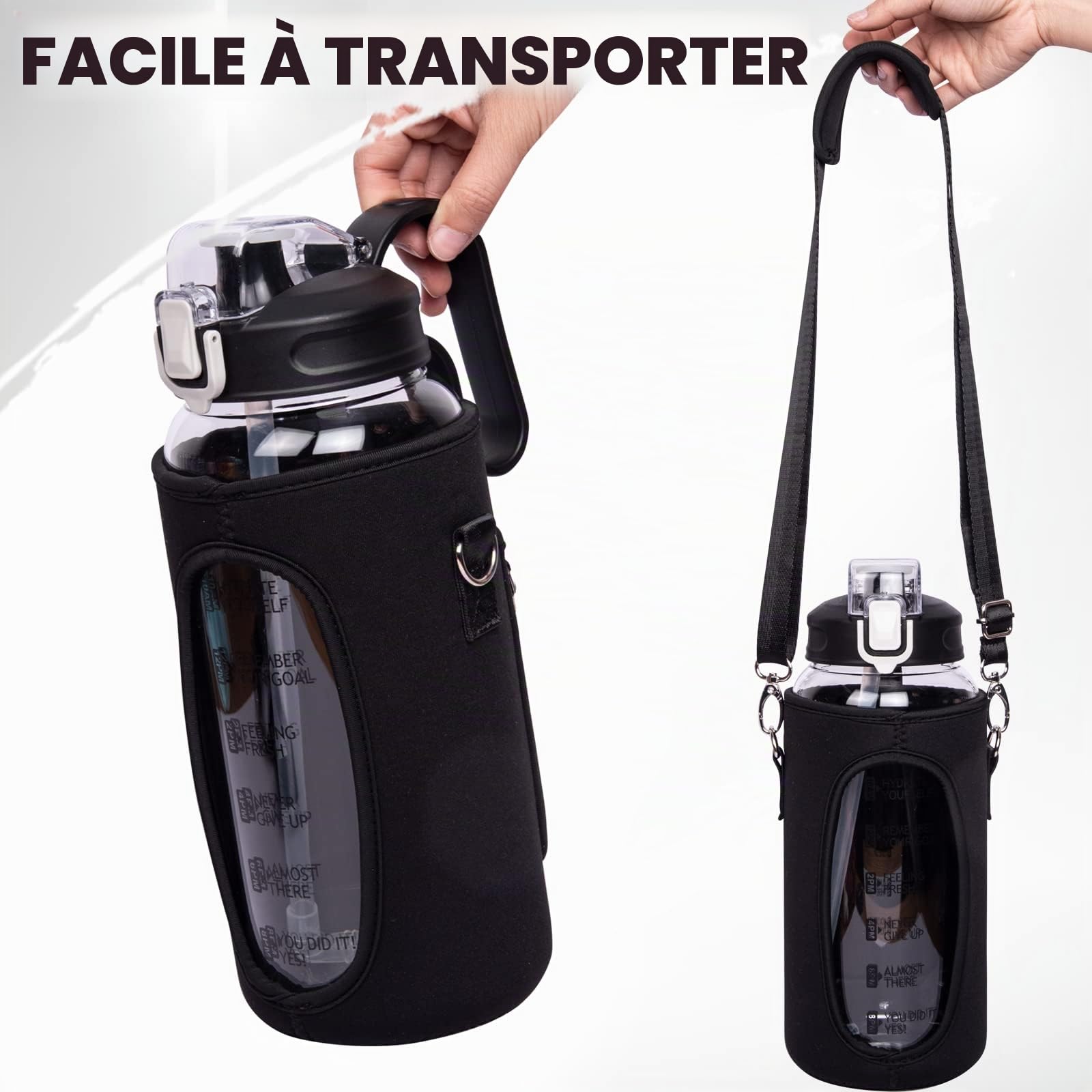 2l Gourde Verre Motivation avec Paille et Marqueur de Temps 2 litres grand transparente Bouteille eau Verre Borosilicaté Carafe eau Pichet en Verre
