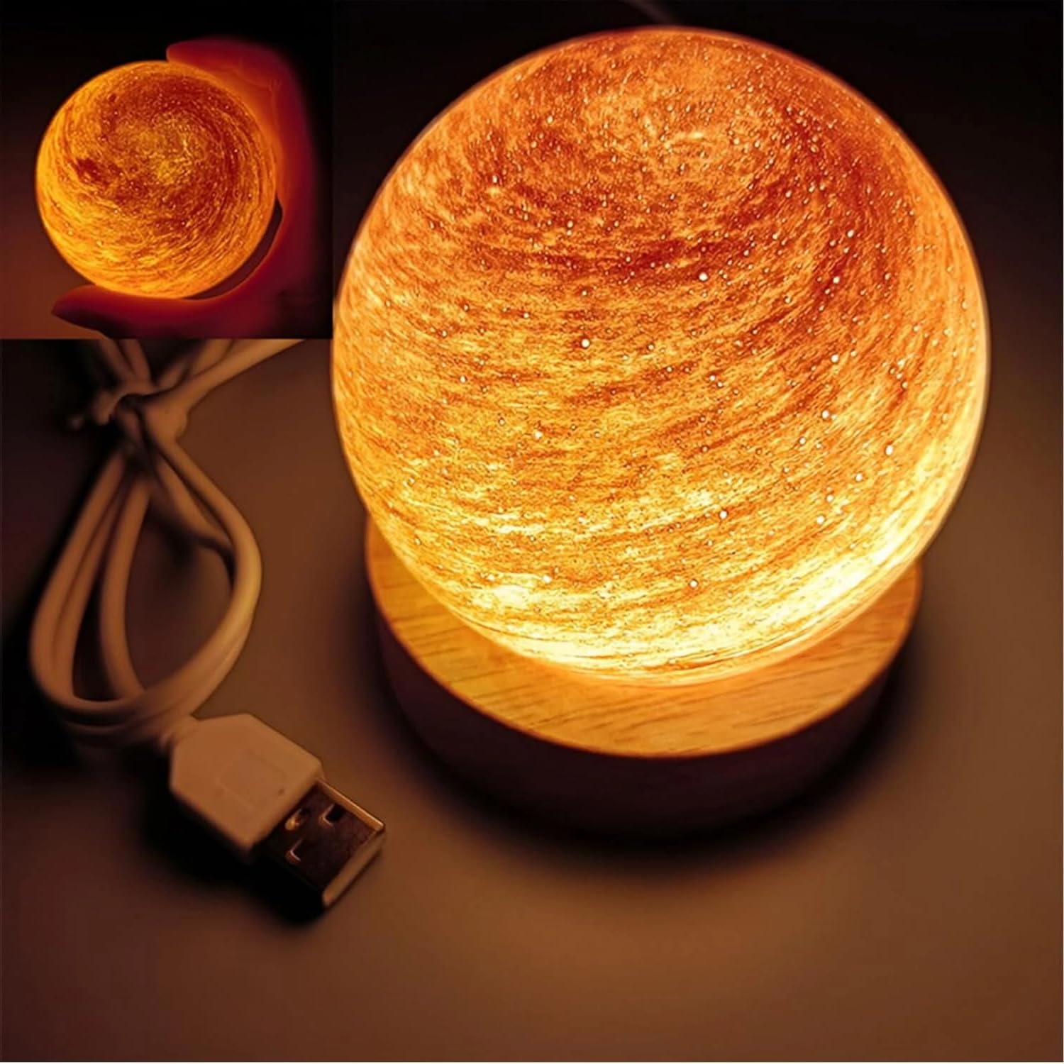 3D Planet Night Light, Glass Art Planet LED Table Mood Lamp, 8CM Kids Galaxy Night Light, Stepless Dimmable Brightness,with USB and Wooden Base,Gift for Baby Girls Boys Birthday (Morning Sun)