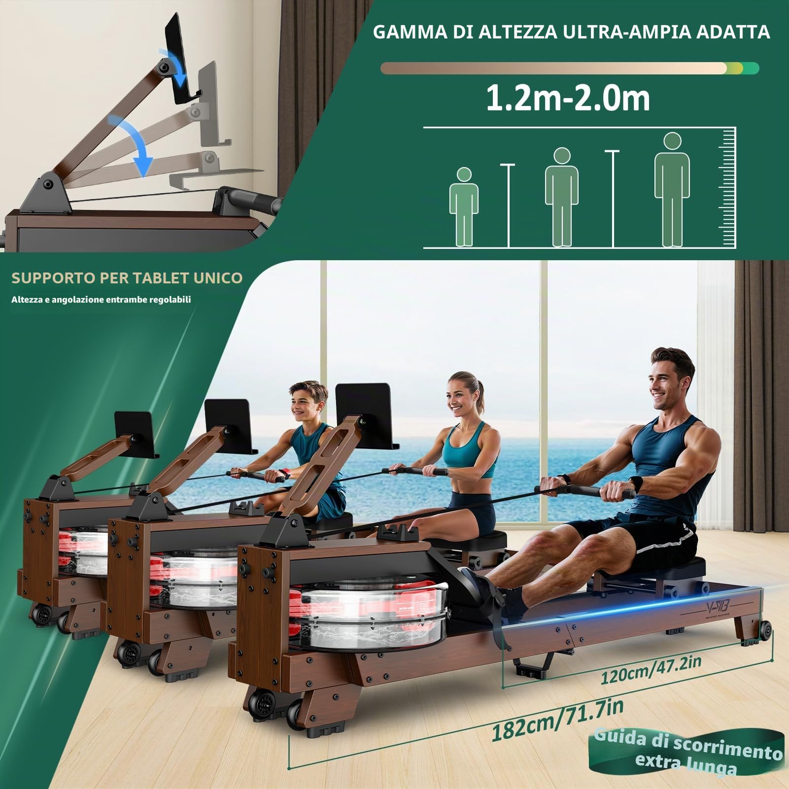 Vogatore Pieghevole per Casa - Costruzione in Legno di Alta Qualità, Rower ad Acqua Bluetooth, Facilmente Pieghevole, Altezza Utente Idonea da 1,2m~2m, Carico Massimo 175 kg, Garanzia di 2 Anni