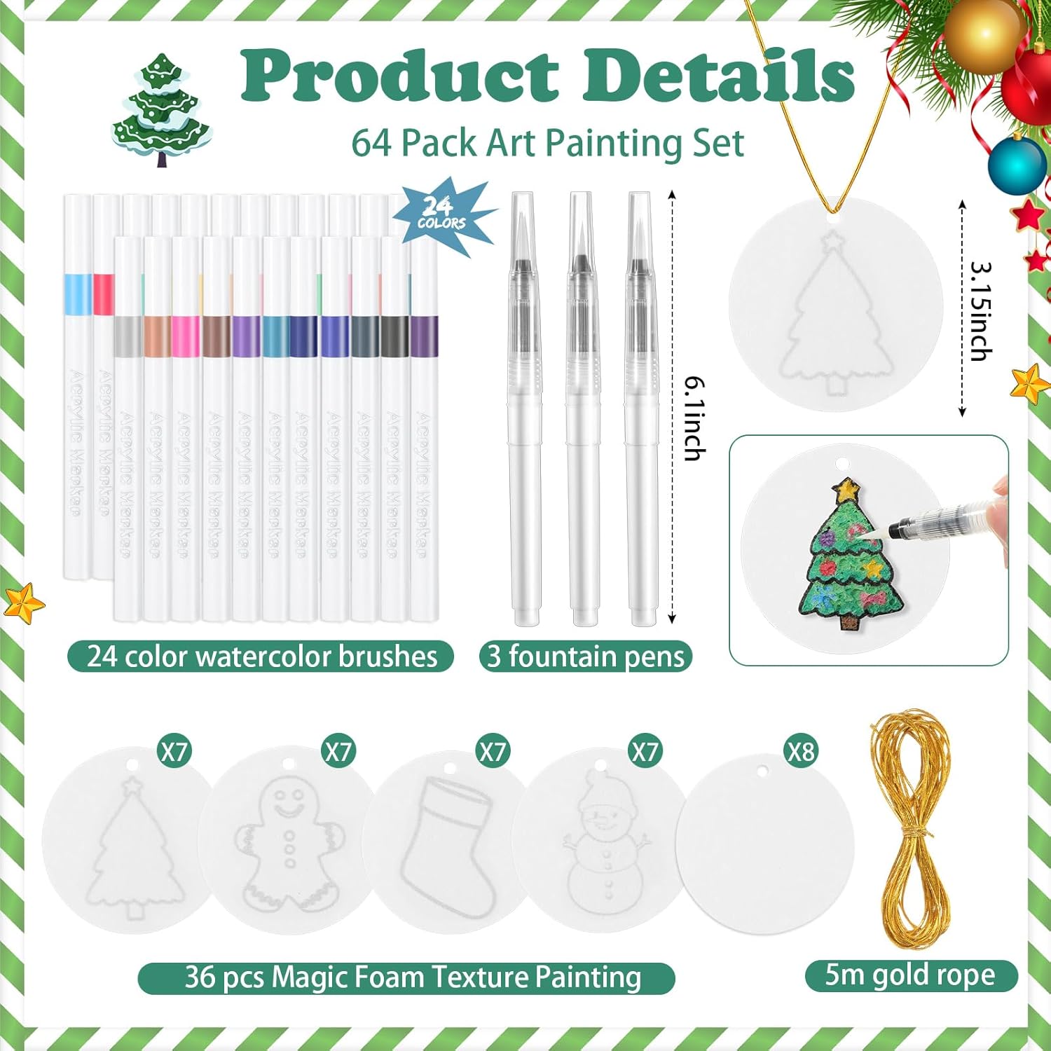 amazingspark 64 pcs christmas magic foam texture painting kit, 36 pcs foam texture paper christmas crafts, 24 colors markers paint 3d effect diy blank xmas hanging ornaments for gifts classic