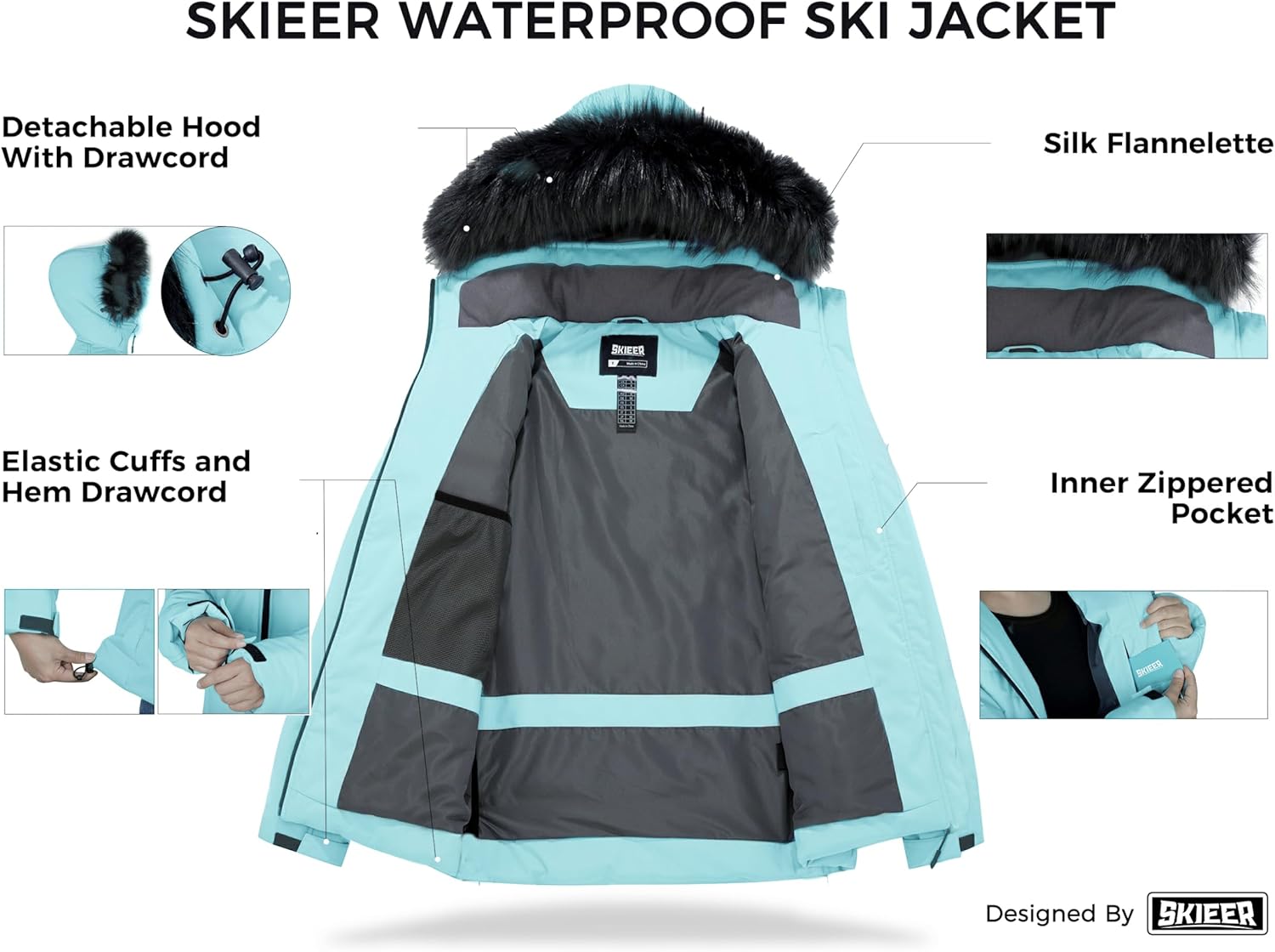 Skieer Women's Waterproof Ski Jacket Warm Puffer Jacket Thick Hooded Winter Coat - Image 3