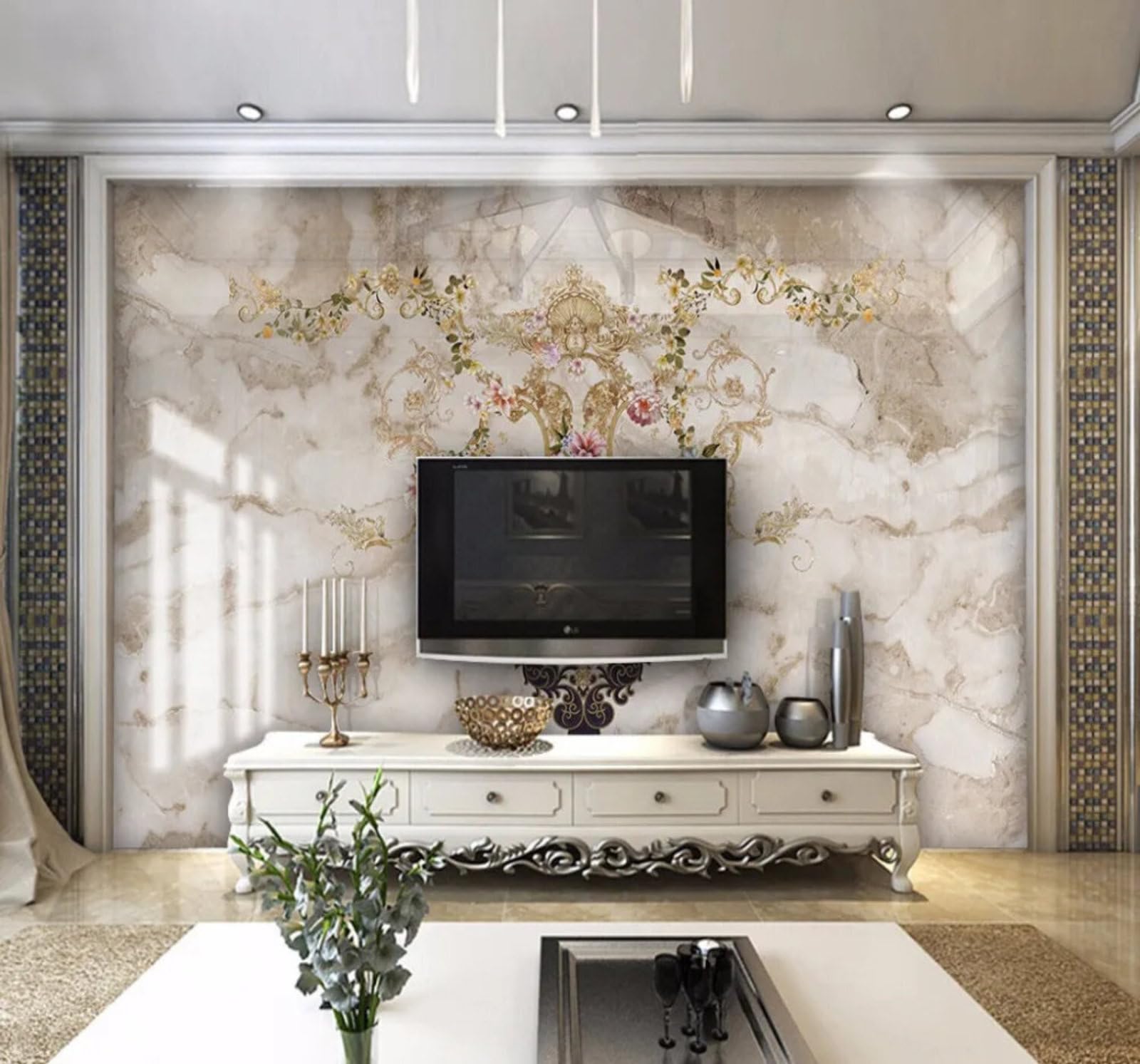 Luxury Gold Floral Pattern Marble Effect 3D Wallpaper Easy Install Feature Office Living Room Sofa Bedroom TV Background Wall Decoration-200cm×140cm