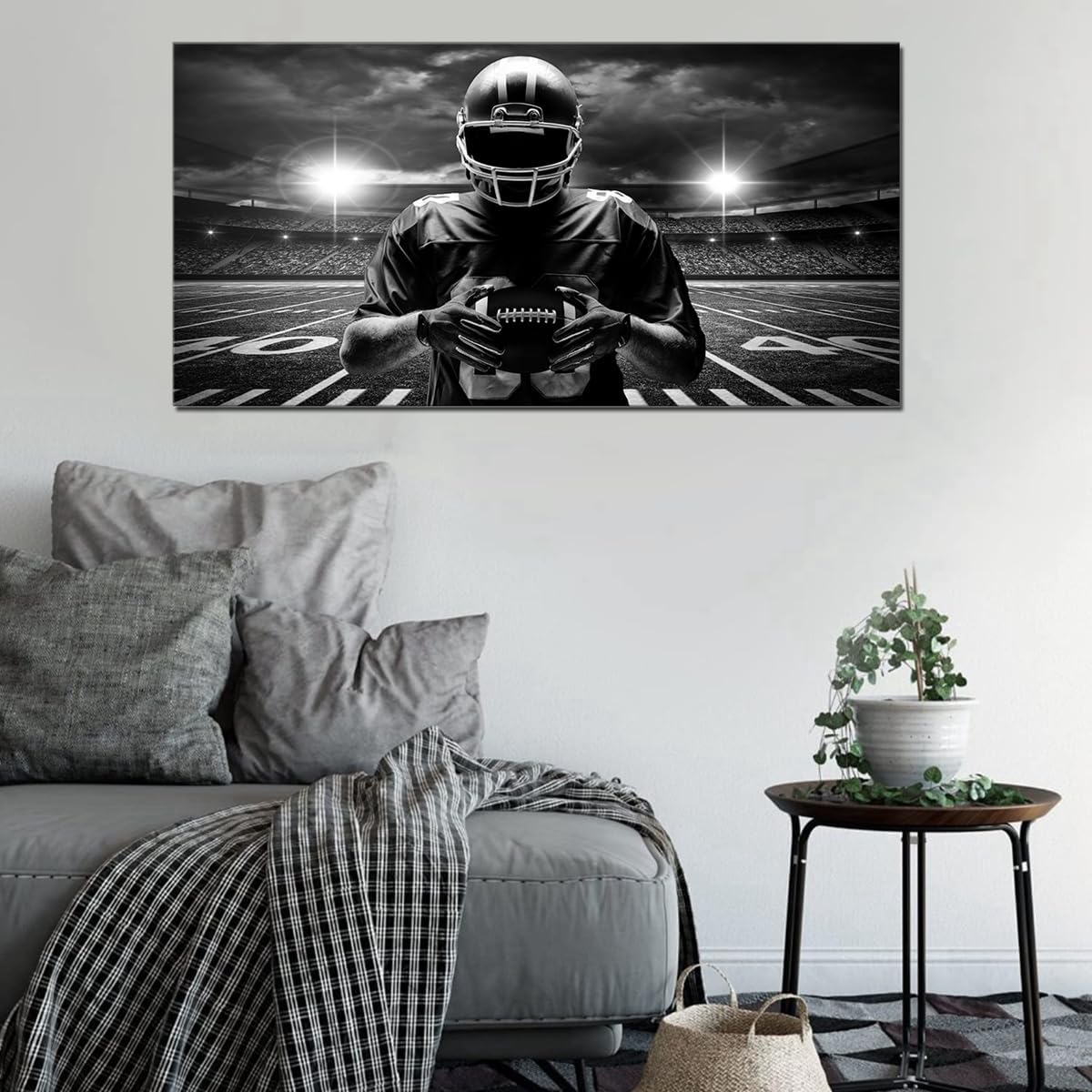 TAOMI Rugby Player Black Artwork Large Canvas Wall Art Sports Fan American Football Field Stadium Picture for Gym Home Boy Bedroom Living Room Décor Frame 20x40inch