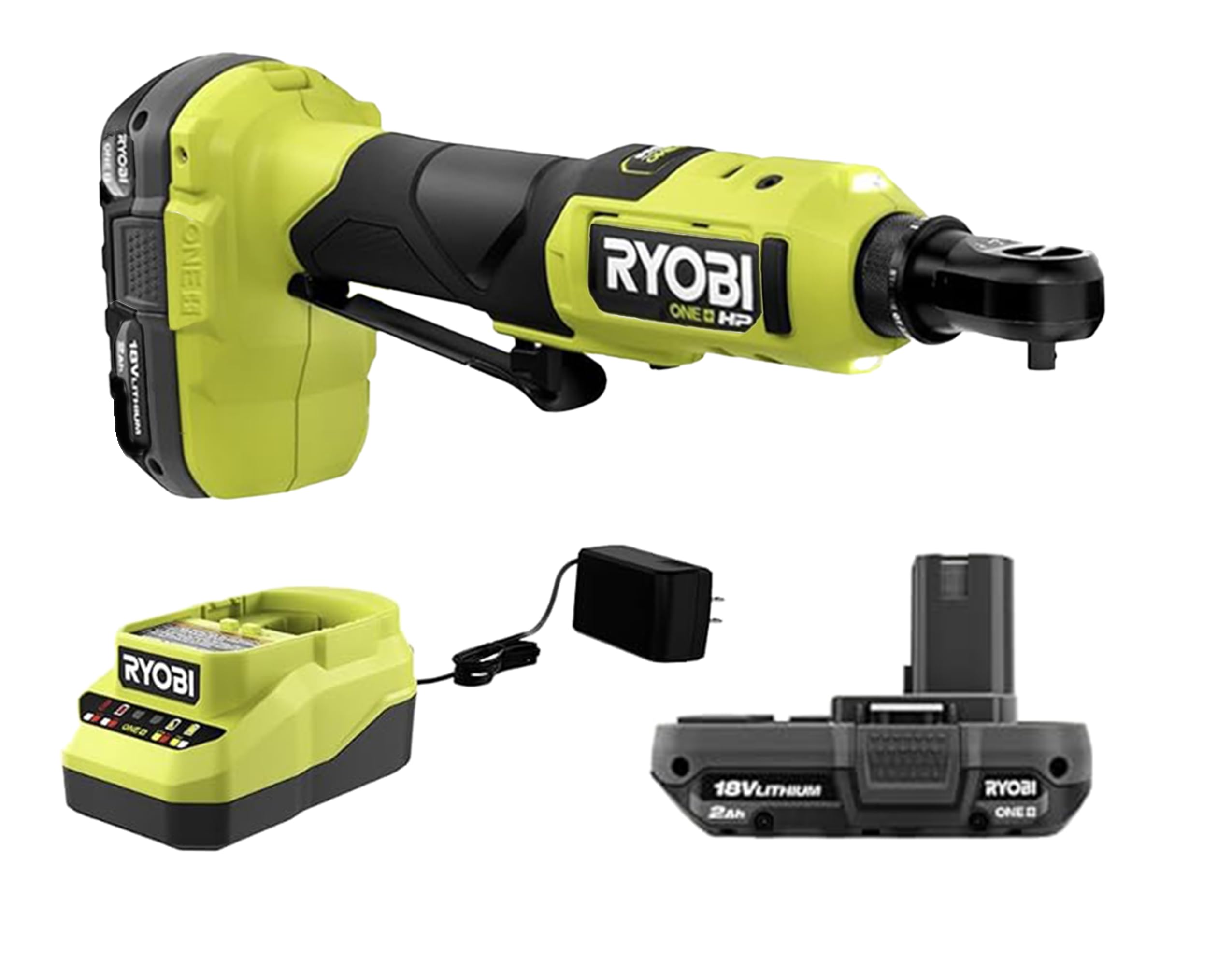 Ryobi One+ HP 18V 1/4" Brushless Cordless Compact Electric Ratchet Kit with 2.0Ah Lithium Battery and Charger, 4-Position Rotating Head, and Up to 460