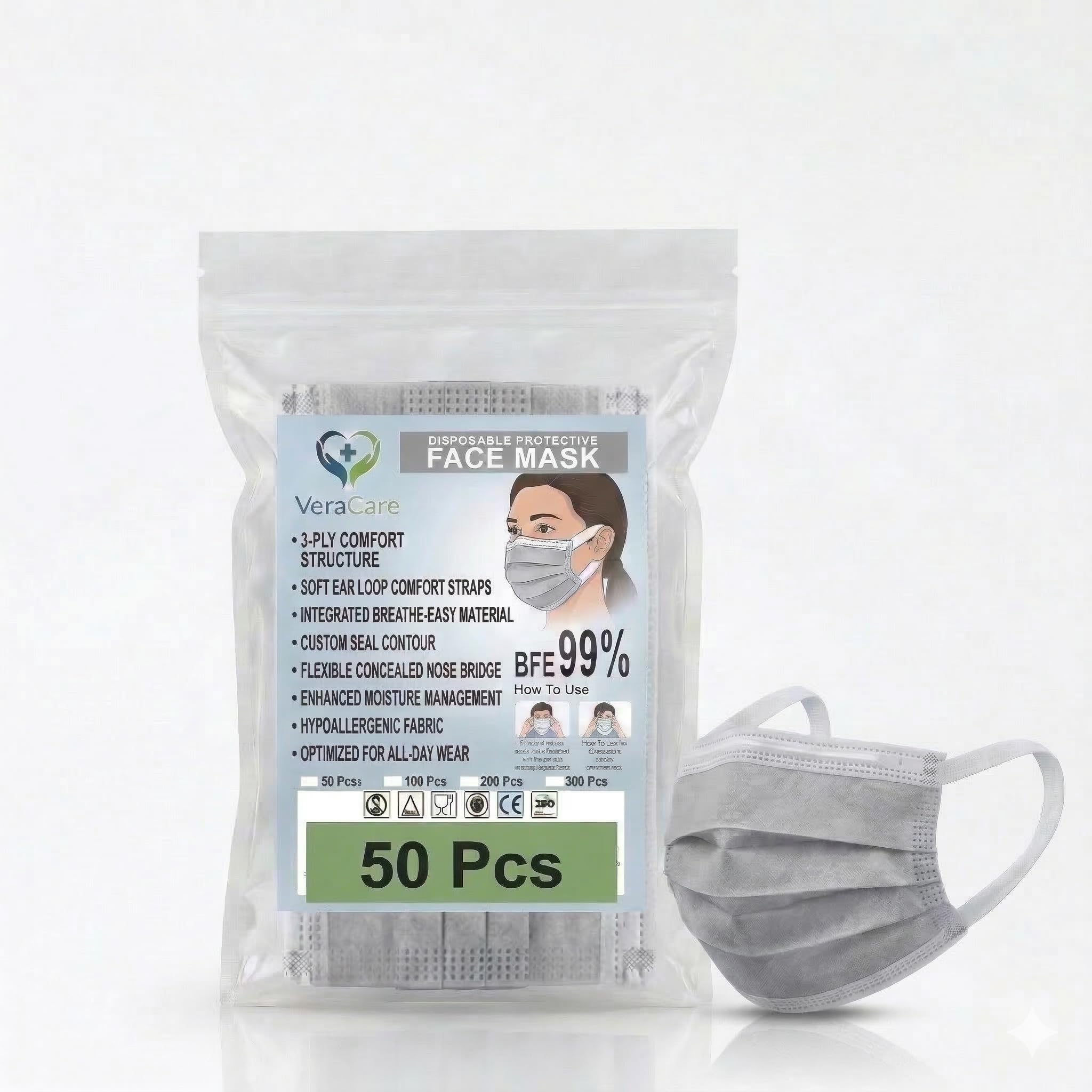 Disposable 3Ply Face Mask, Ultra Soft Fabric, Wide Ear Soft Loop, Inbuilt Plastic Coated Nose Pin, Grey, for Adult, Unisex-image-12