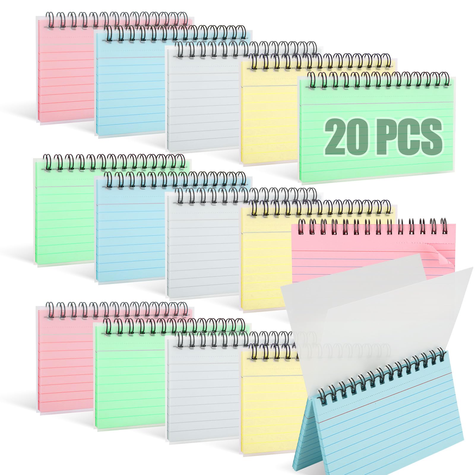 DAJAVE 20 Pack Flash Cards 1000 Sheets Revision Cards Spiral Bound Flashcards for Revision Index Card 5 Colors Lined Study Cue Card for School Office and Home (5x3 inch)