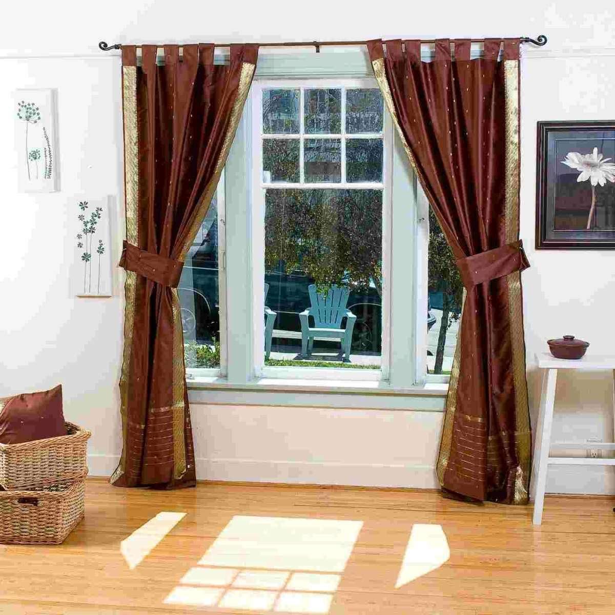 Indian Selections Indo Brown Tab Top Sari Sheer Curtain (43 in. x 84 in.) with Matching tieback