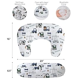 Little Grape Land Nursing Pillow, Upgraded Breast Feeding Pillow for Mom, Breastfeeding & Bottle Feeding for 0-16 Months, Soft Machine Washable Cover with Firm Breathable Filling for Tummy Time, Truck